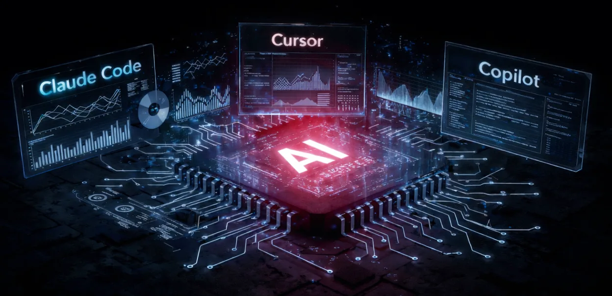 AI development workflows — Claude Code, Cursor and Copilot panels above an AI chip
