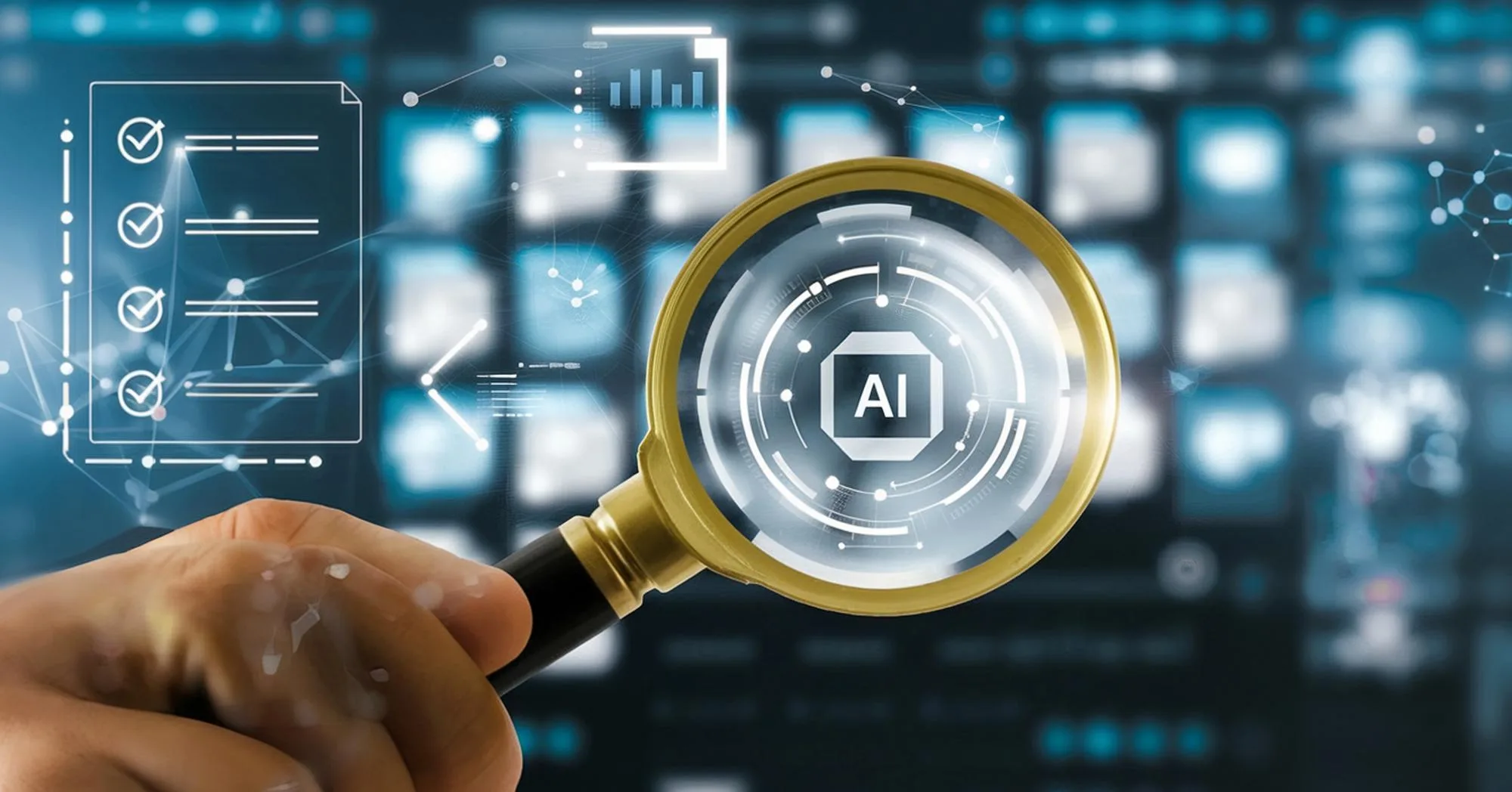 AI requirements analysis — a magnifying glass over an AI chip beside a requirements checklist