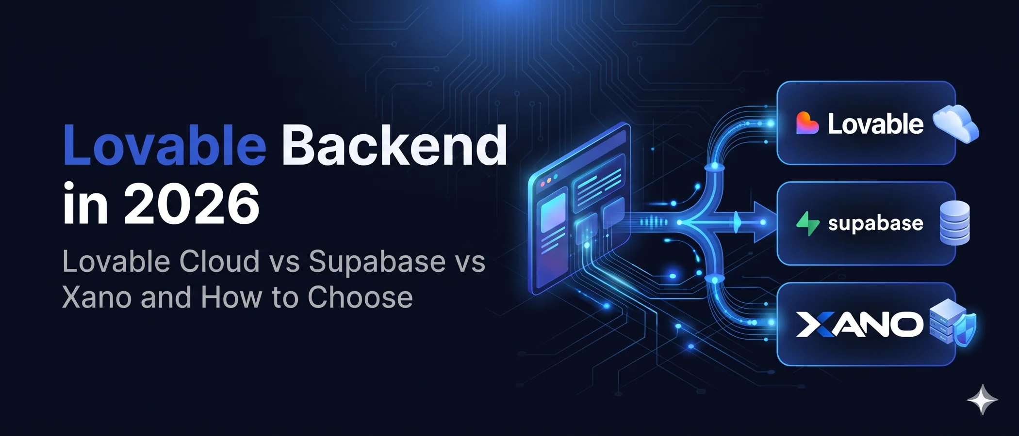 Lovable Backend in 2026 blog cover, Lovable Cloud vs Supabase vs Xano, showing an app window whose data lines fork toward three cards with the Lovable, Supabase and Xano logos
