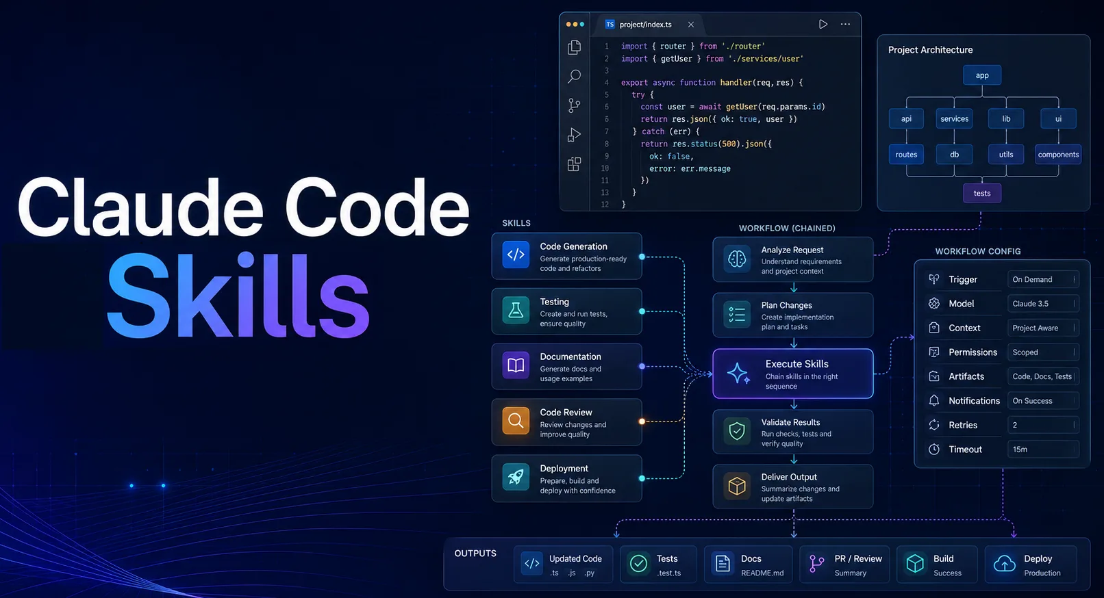 Claude Code Skills — reusable engineering workflows wired into a project architecture