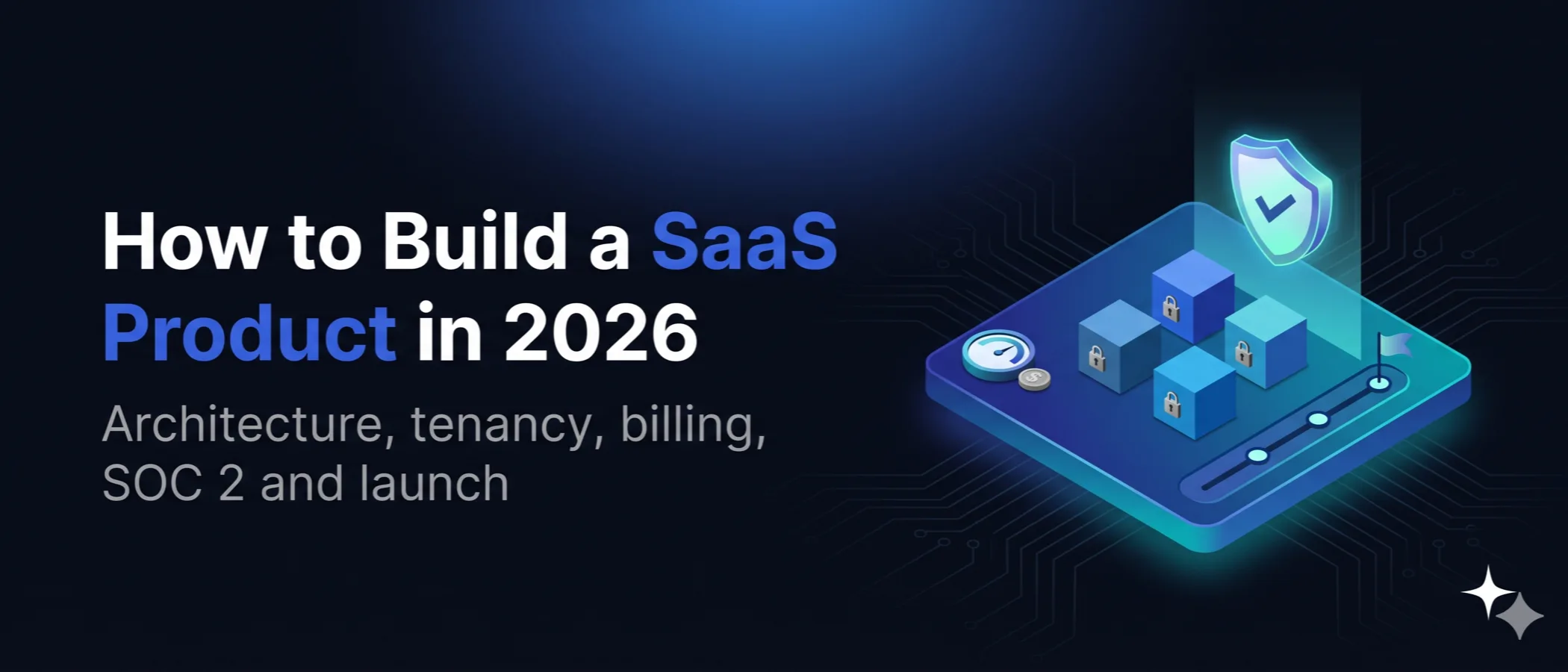 How to Build a SaaS Product in 2026, architecture, tenancy, billing, SOC 2 and launch, with an isometric platform holding four locked tenant blocks, a billing meter with a coin, a security shield and a launch timeline
