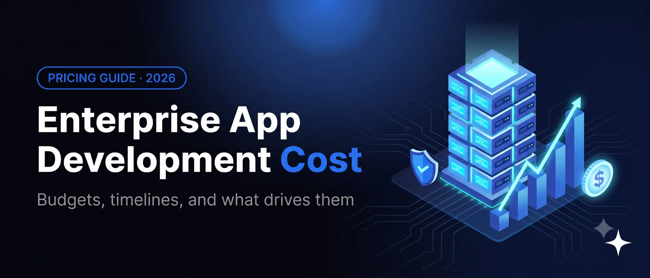 Enterprise app development cost pricing guide for 2026, with a server tower, rising cost chart, compliance shield and dollar coin