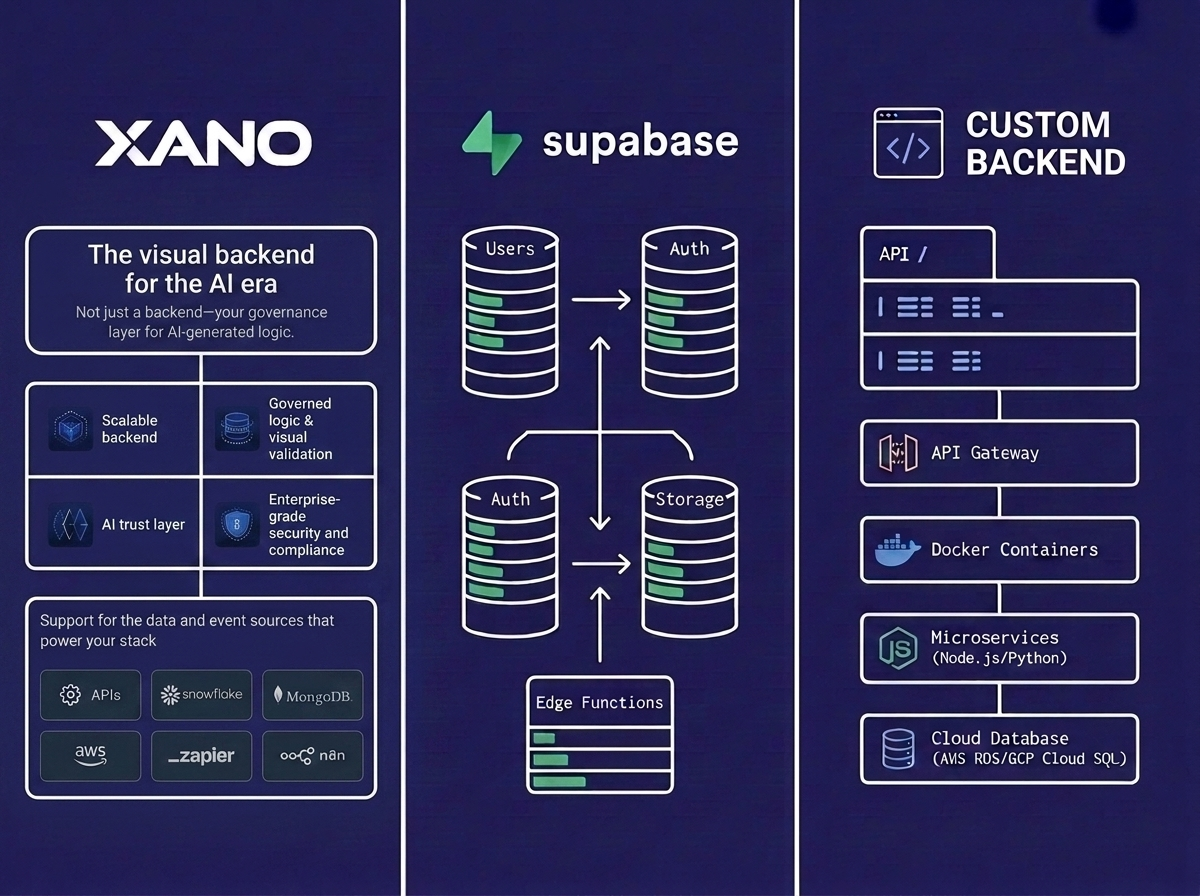 Three-panel backend comparison: visual workflow, SQL schema, custom API