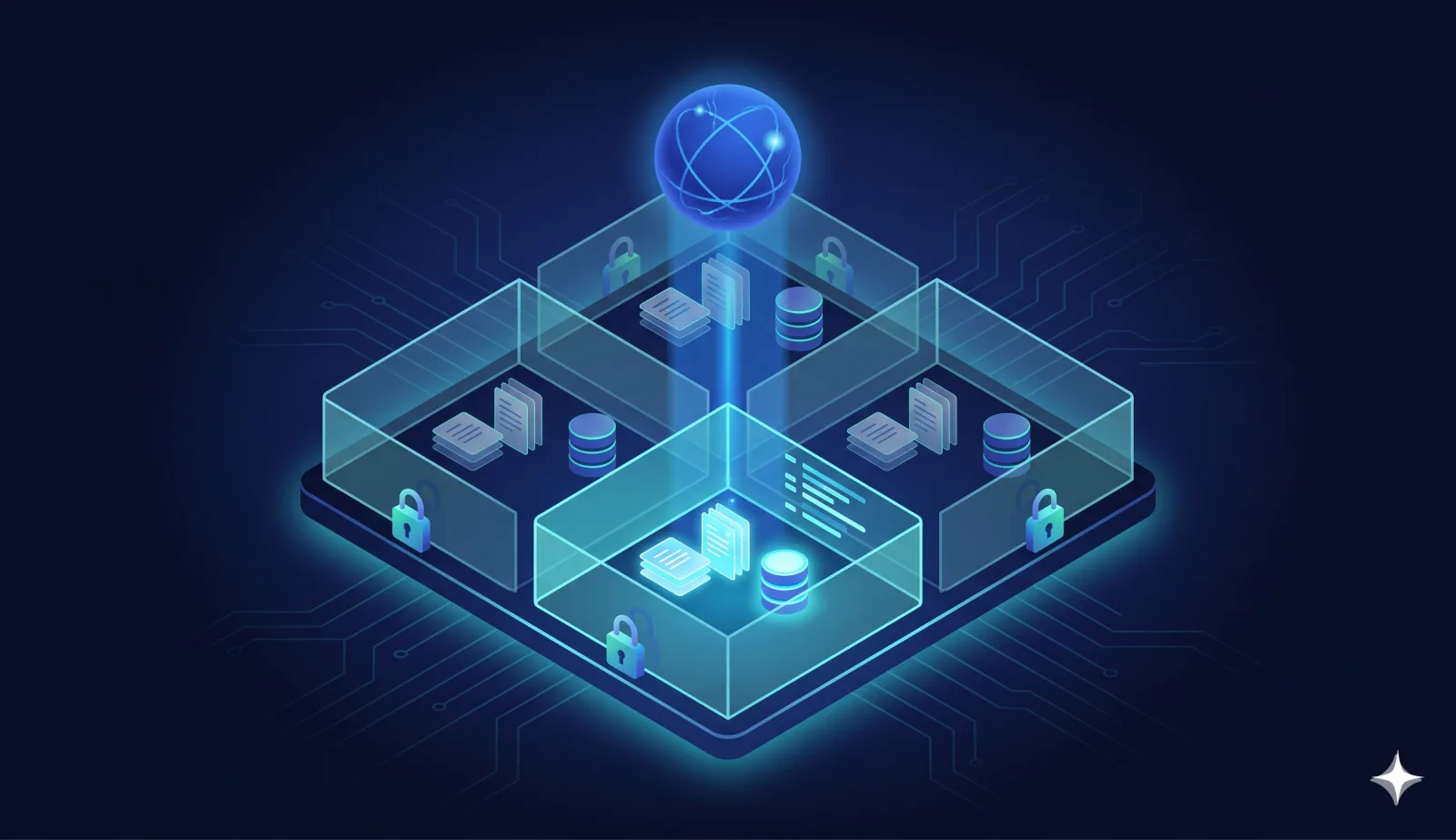 Isometric platform split into four locked glass compartments, with an AI orb sending one beam into a single lit compartment of documents, a database and log entries