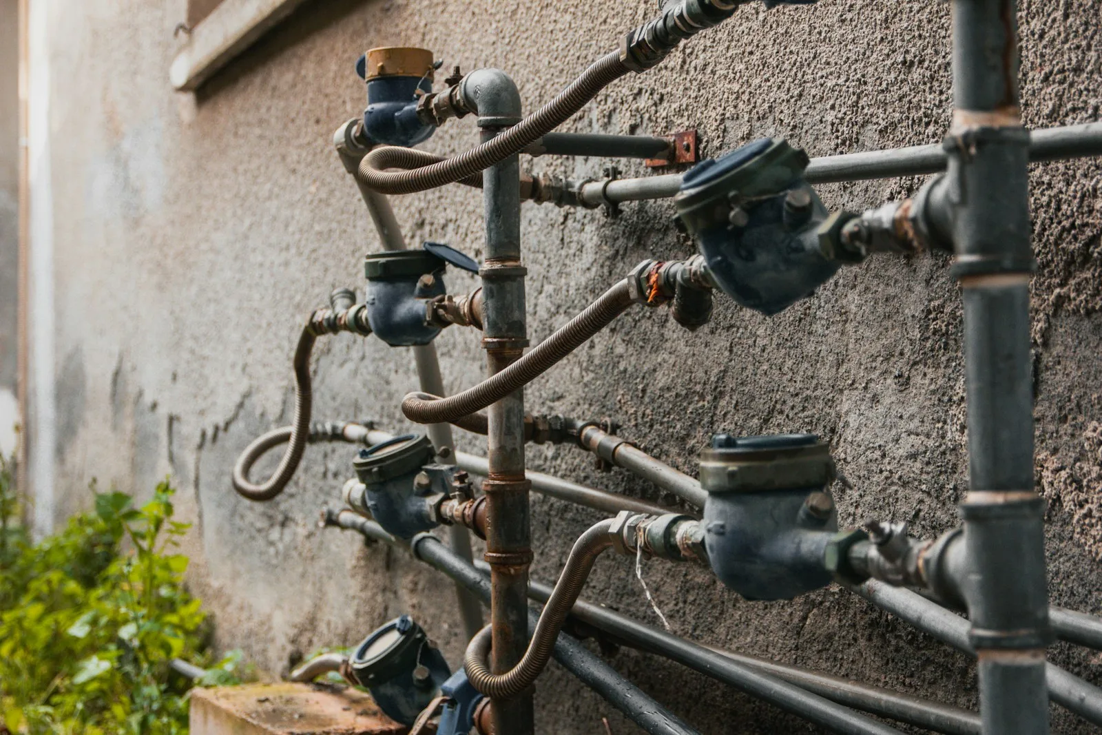 Several water meters mounted on one wall, each on its own pipe