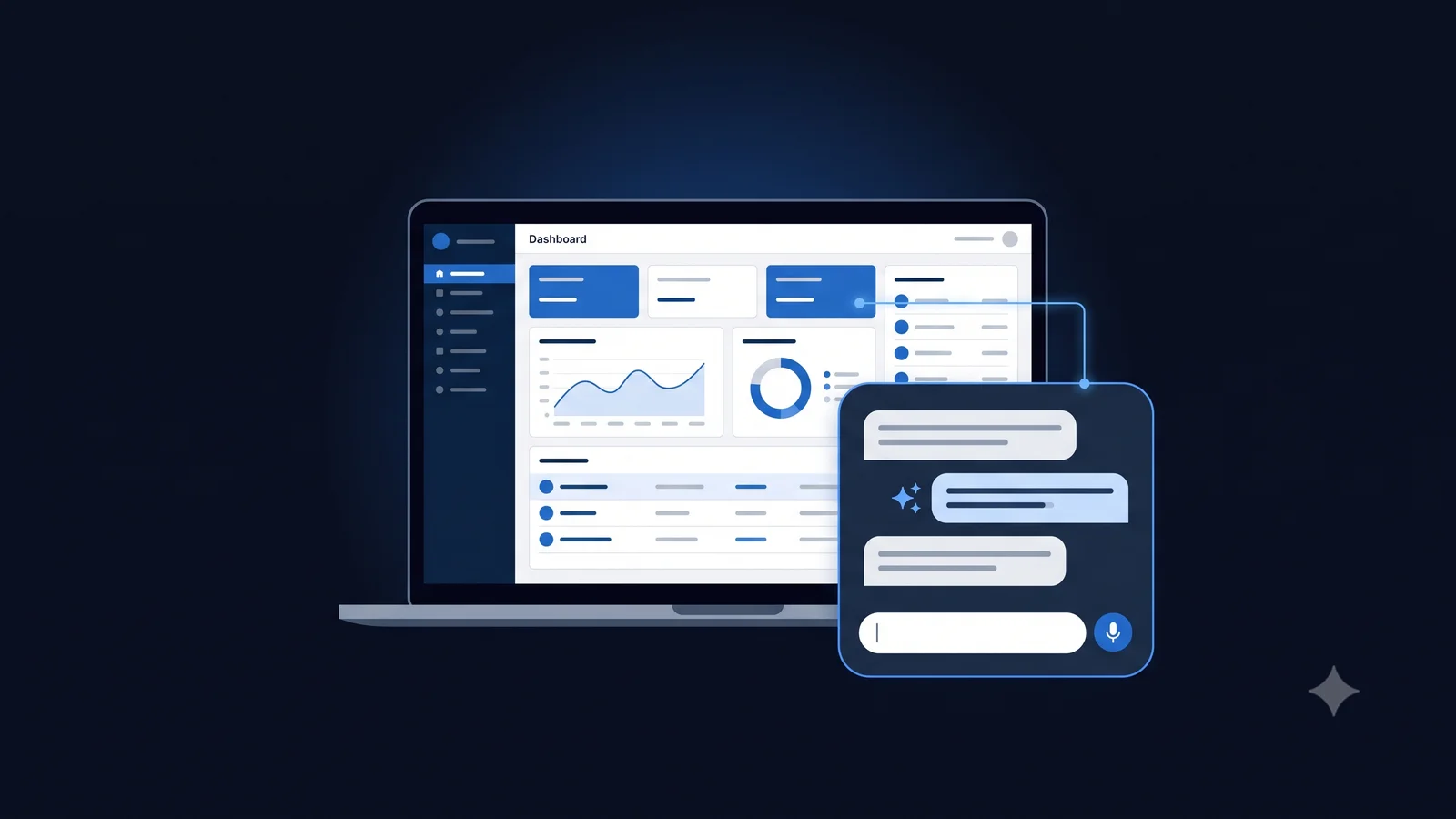 A conversational AI layer with text and voice input working alongside a conventional dashboard interface