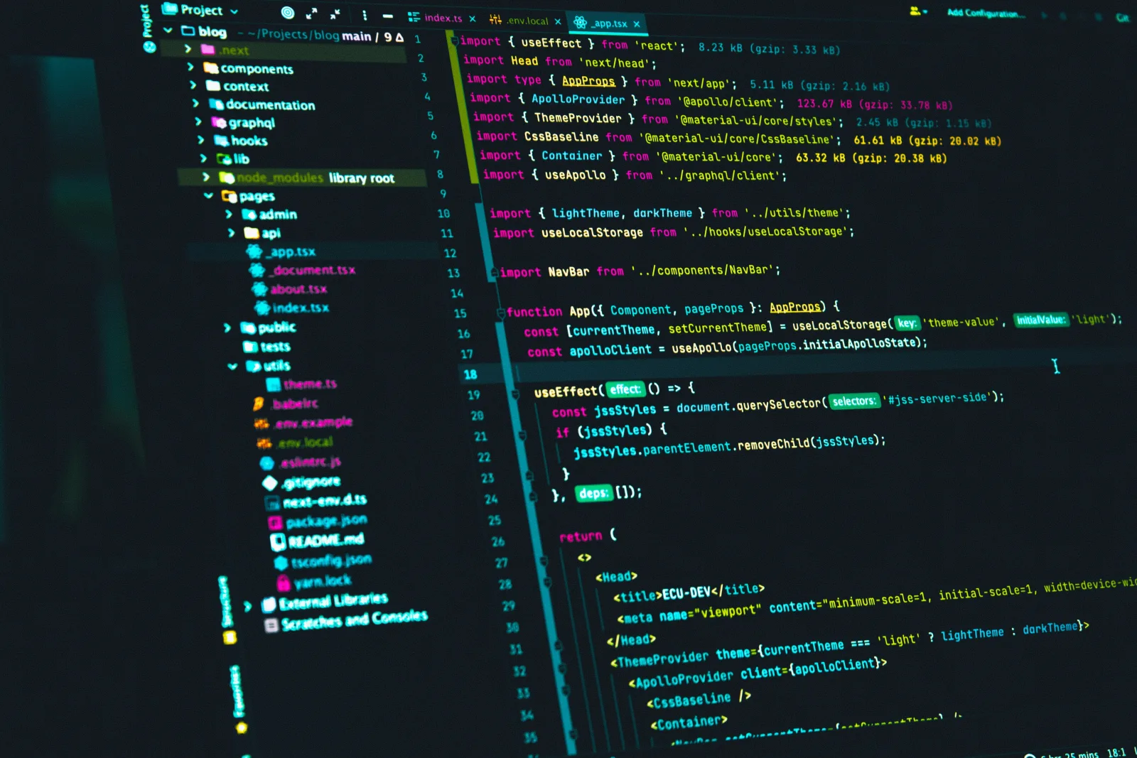 Code editor showing a Next.js project with a pages folder, an app file and React imports