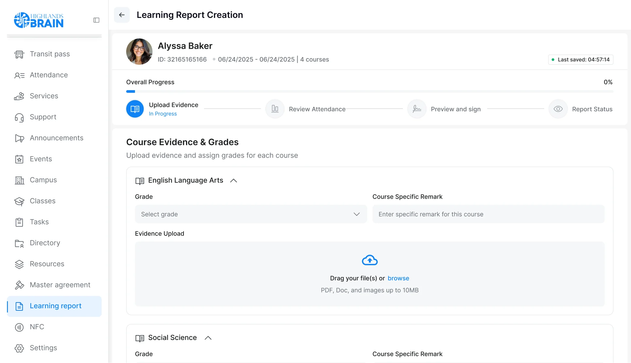 Report creation view with per-course grades and evidence upload