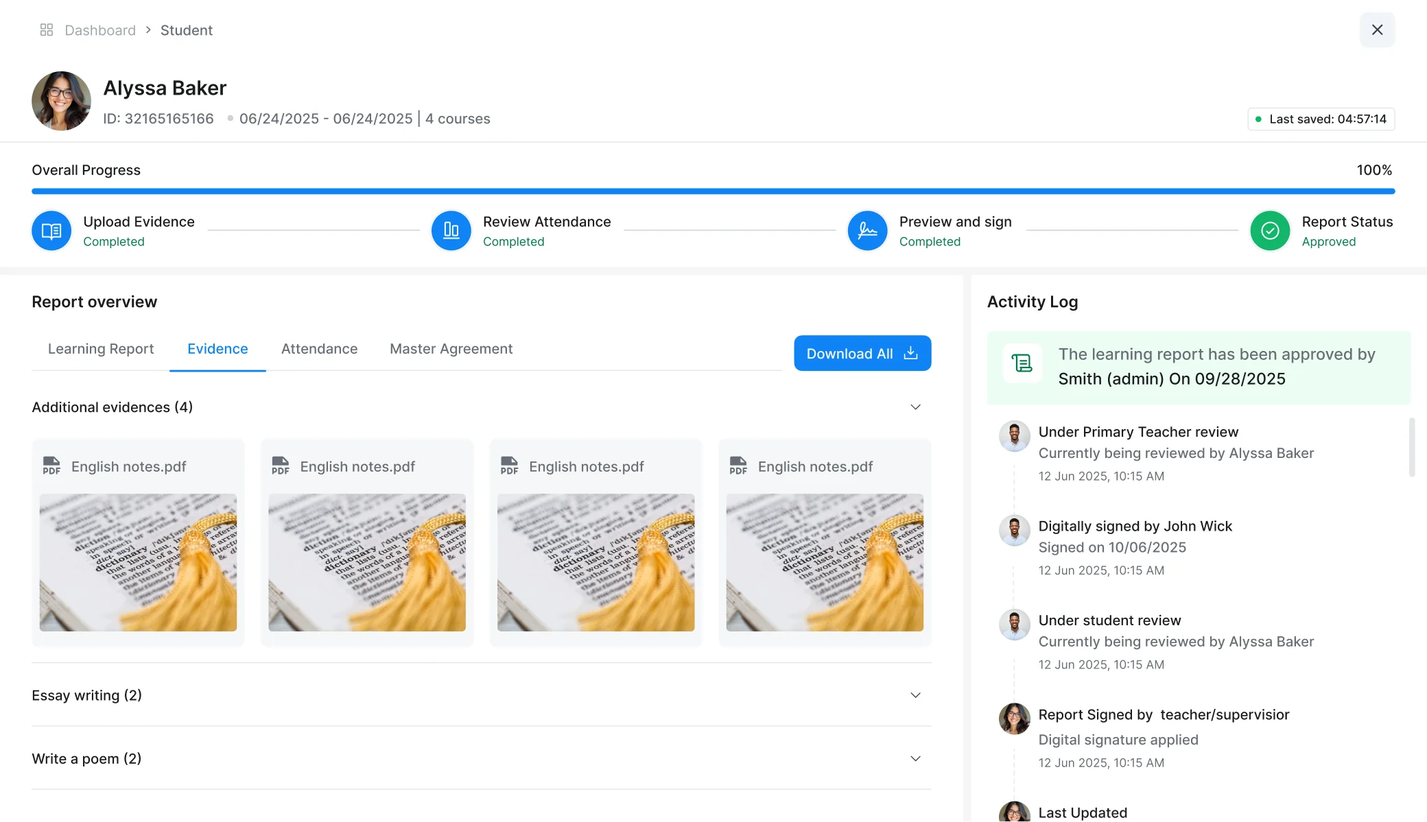 Approved learning report with evidence files and full activity log