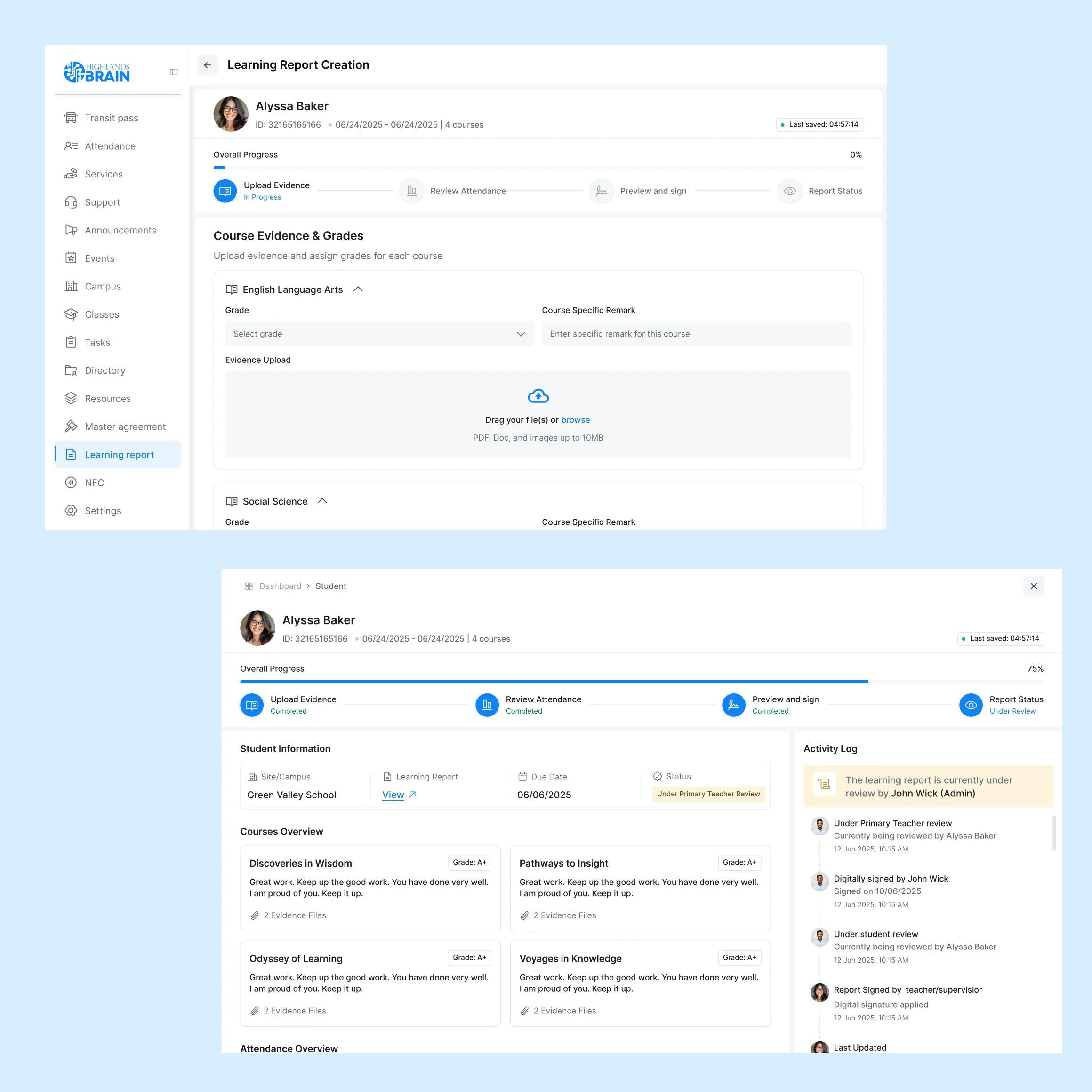 AI grading tool report creation and review screens
