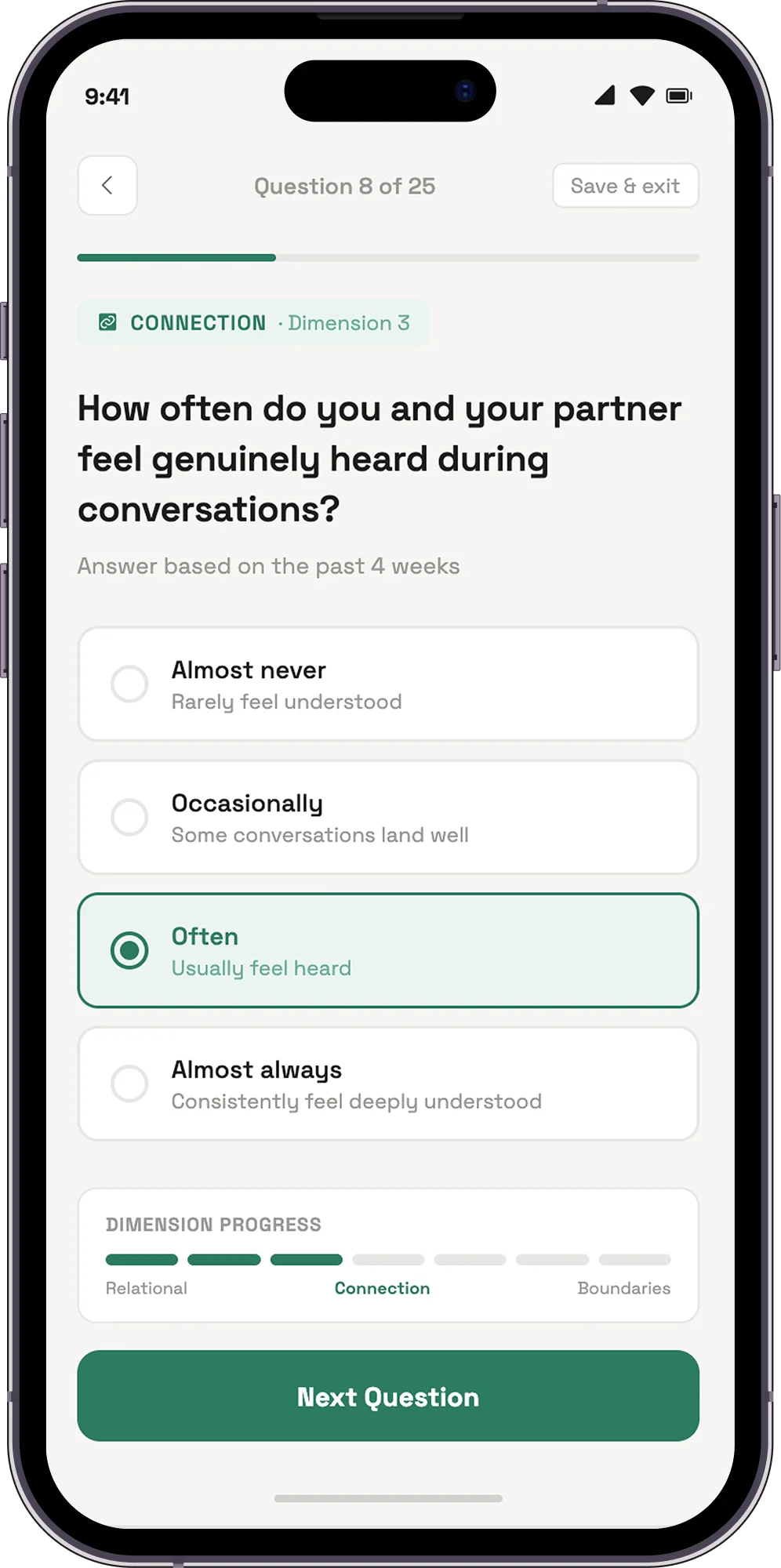 Calibrated assessment question across a relationship dimension