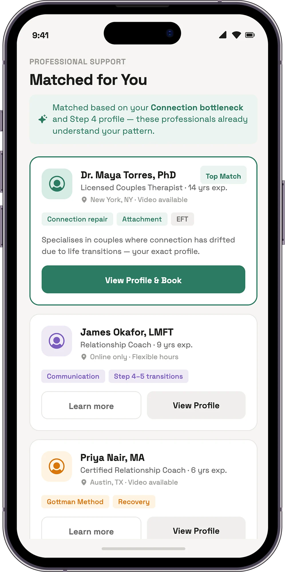 Matched professional support informed by the user diagnostic