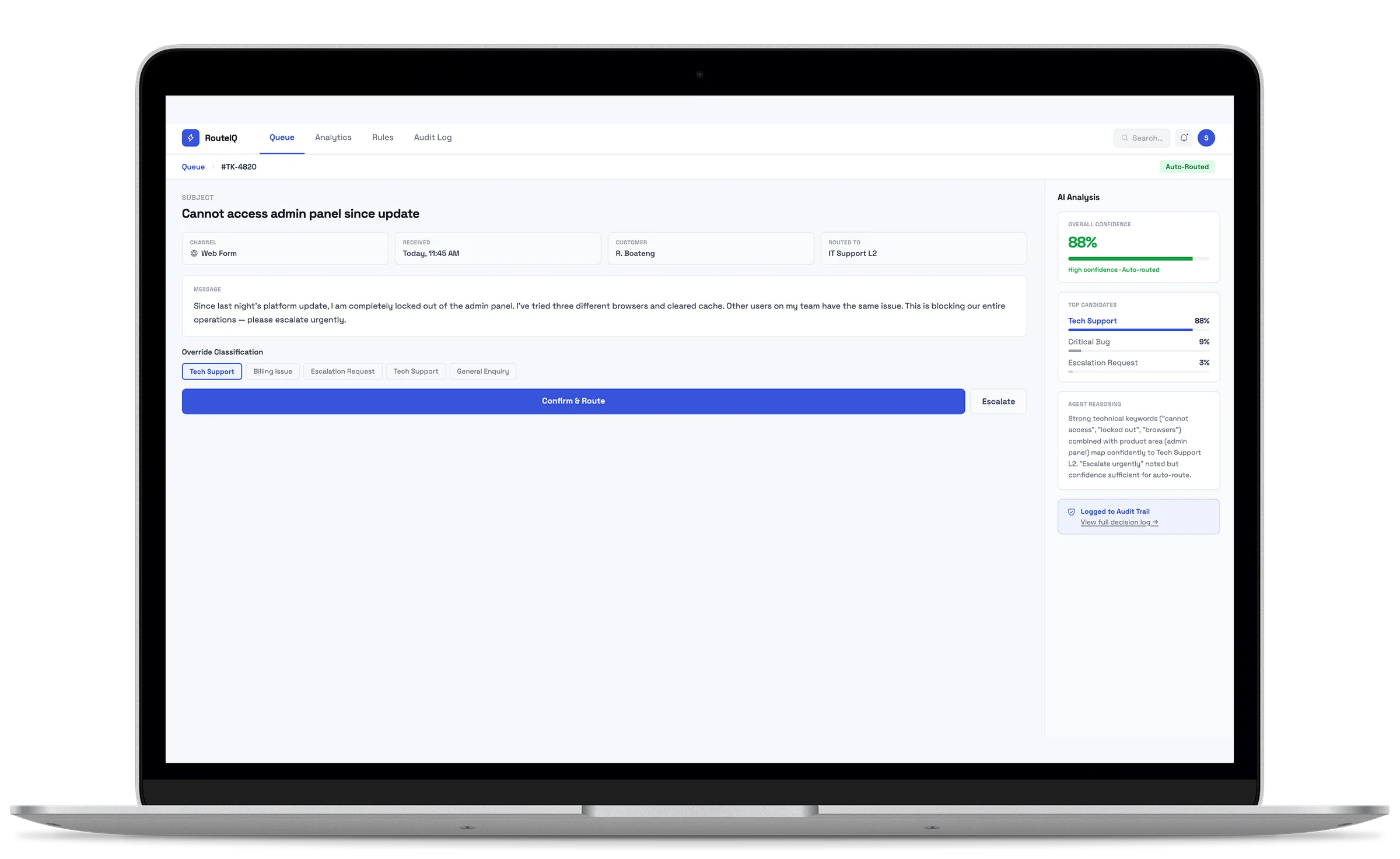 AI ticket triage dashboard on desktop