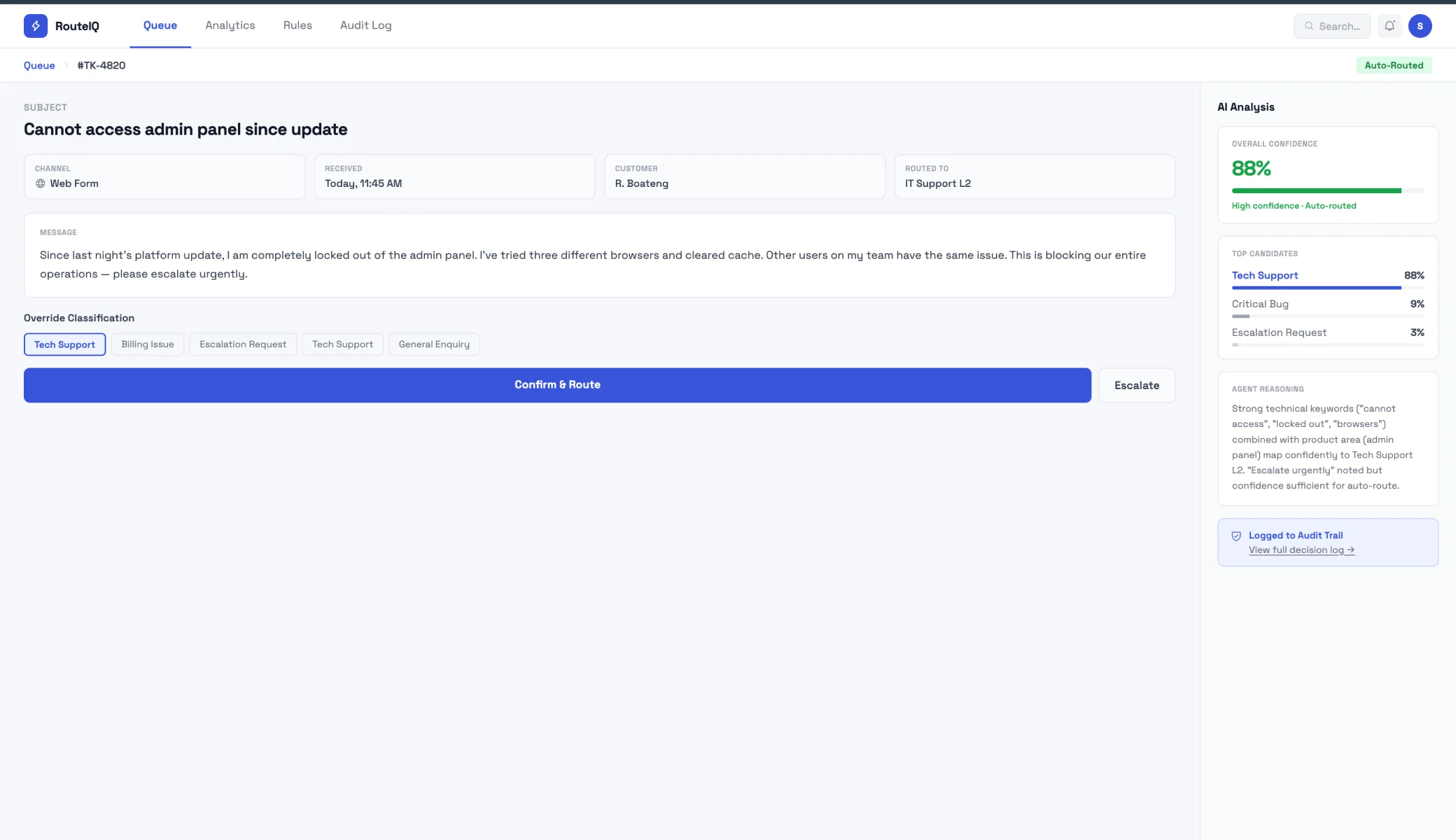 Ticket detail with the agent classification, confidence, top candidates and reasoning, plus a human override option
