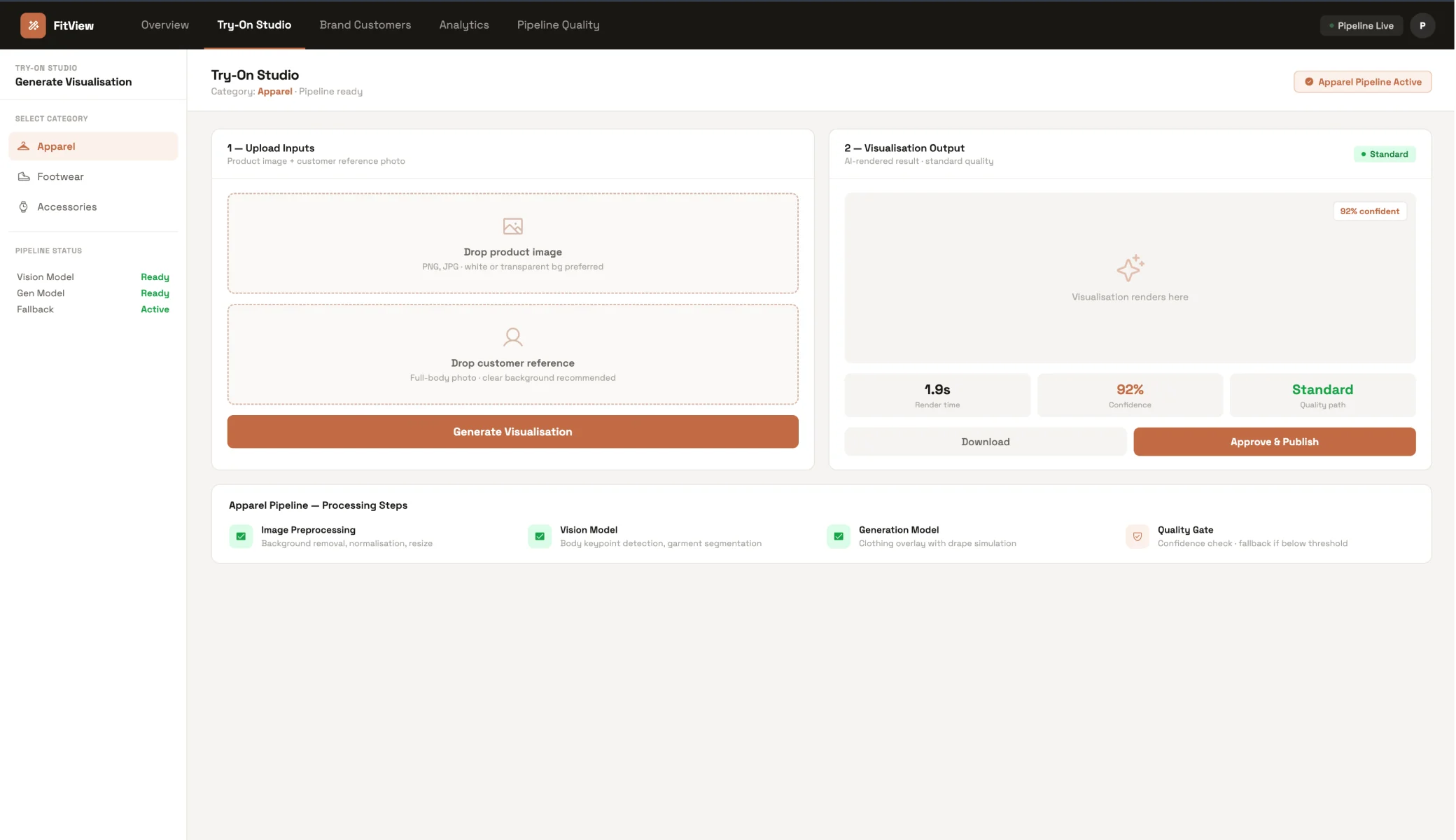 Try-on studio generating an apparel visualisation from product and customer imagery