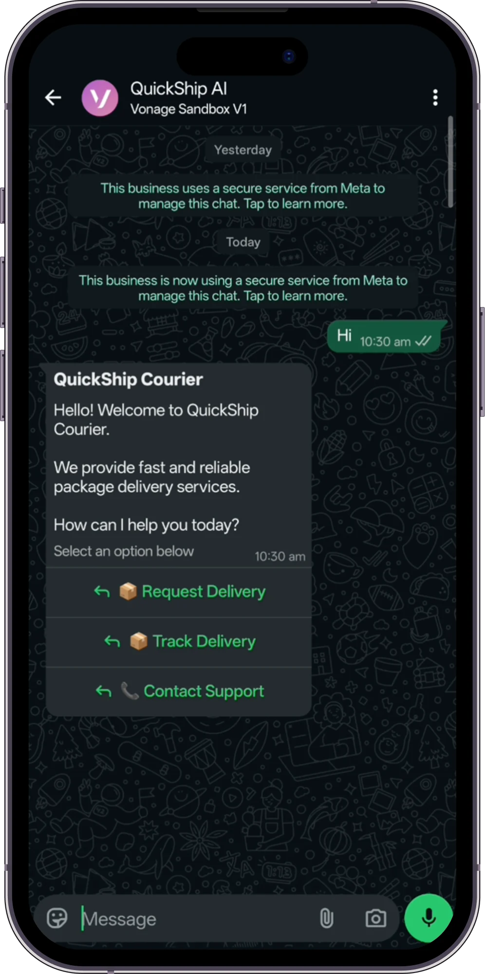 WhatsApp AI agent greeting a customer with delivery options