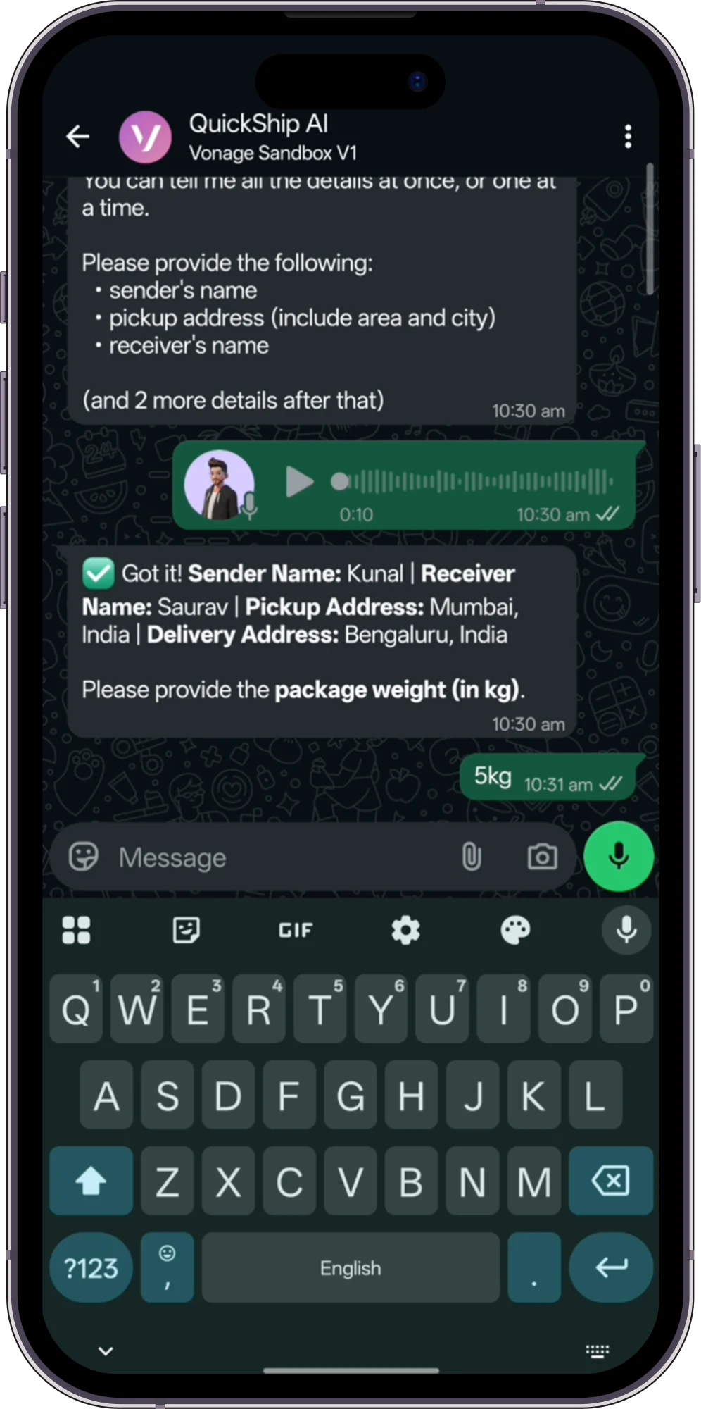 WhatsApp AI agent transcribing a customer voice note into order details