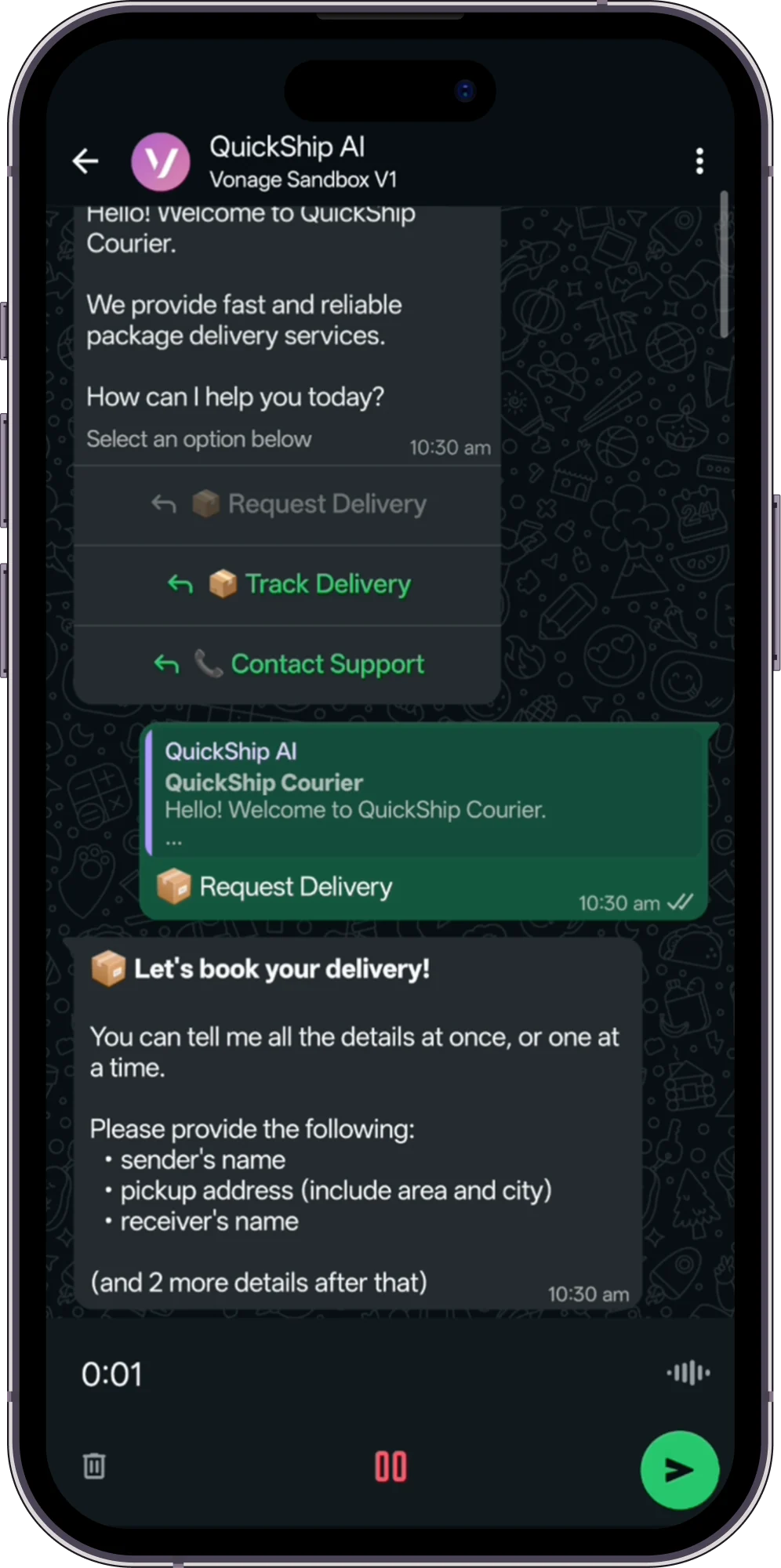 B2B ordering agent collecting delivery details inside WhatsApp
