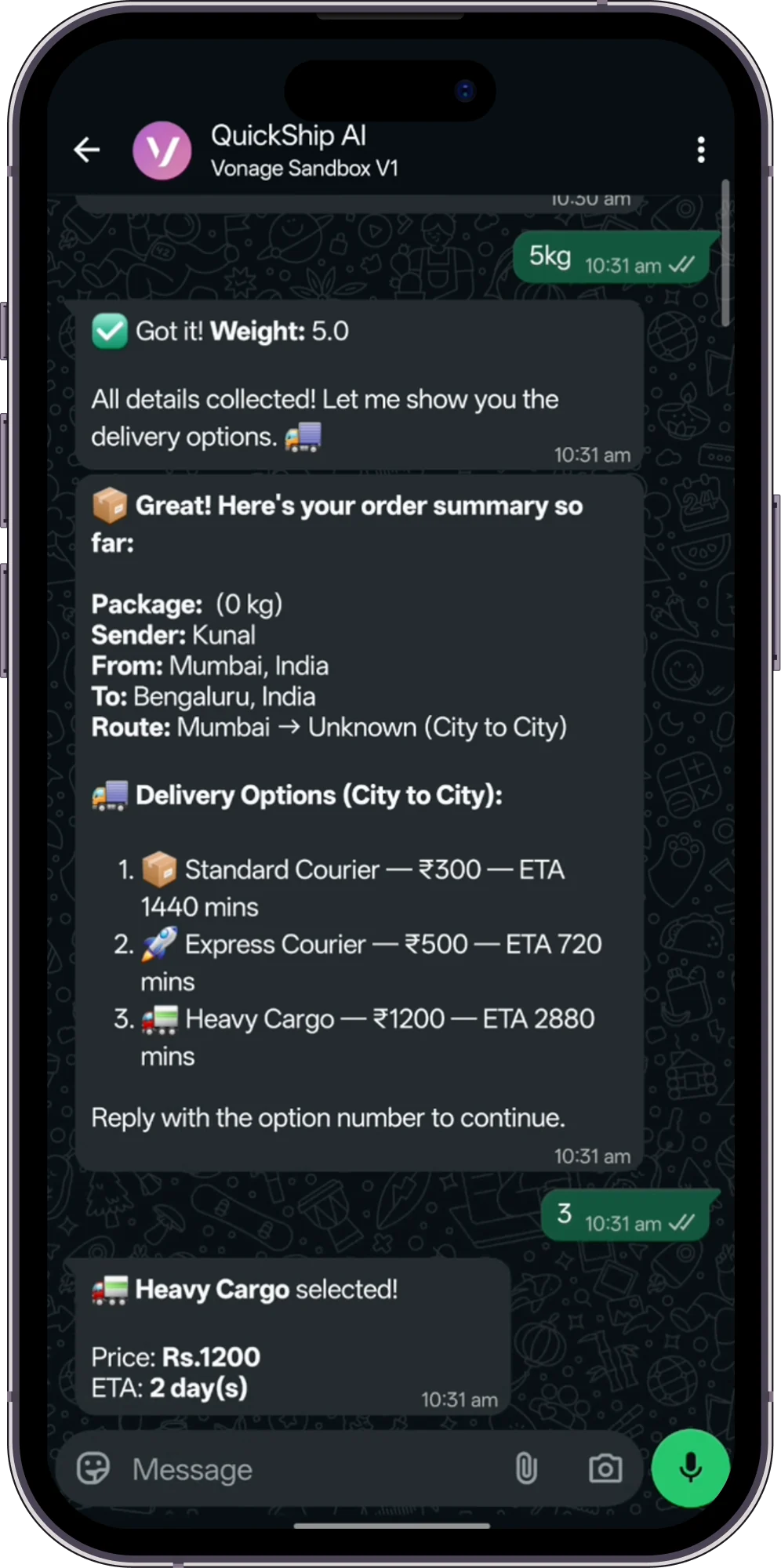 WhatsApp AI agent presenting an order summary and delivery options
