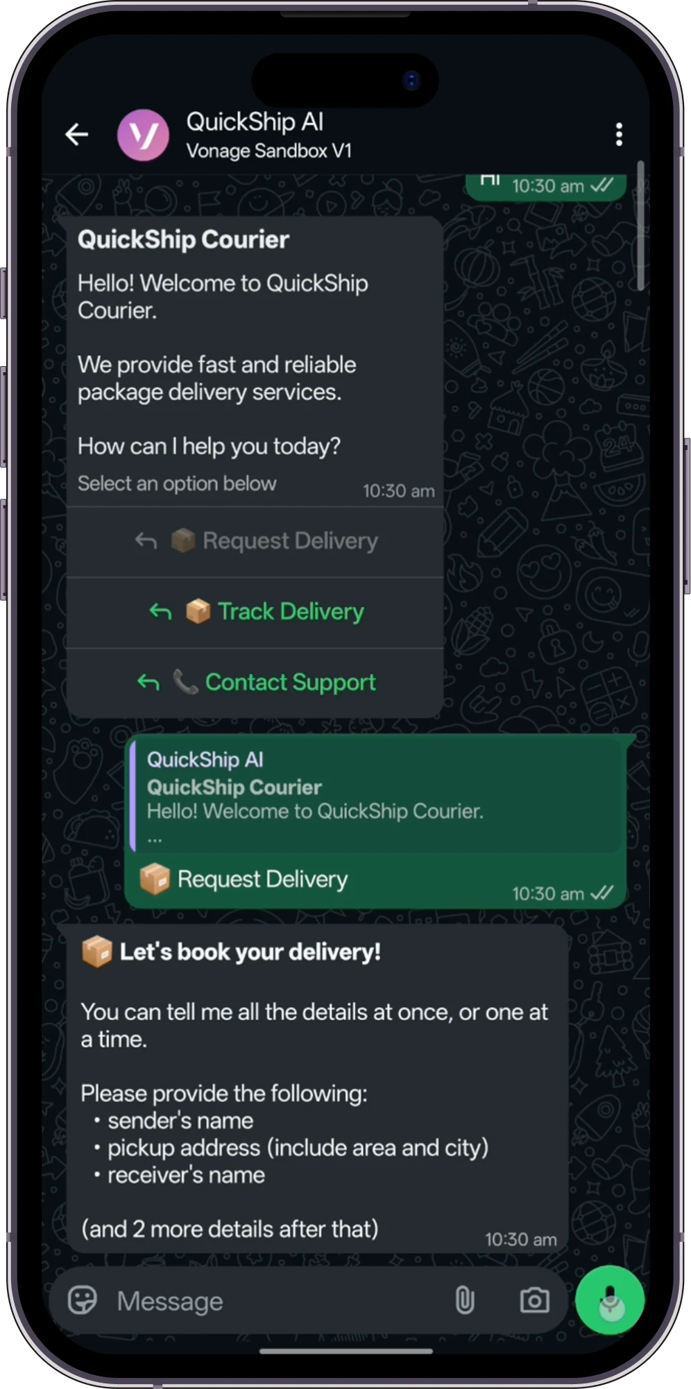 WhatsApp AI agent walking a customer through requesting a delivery
