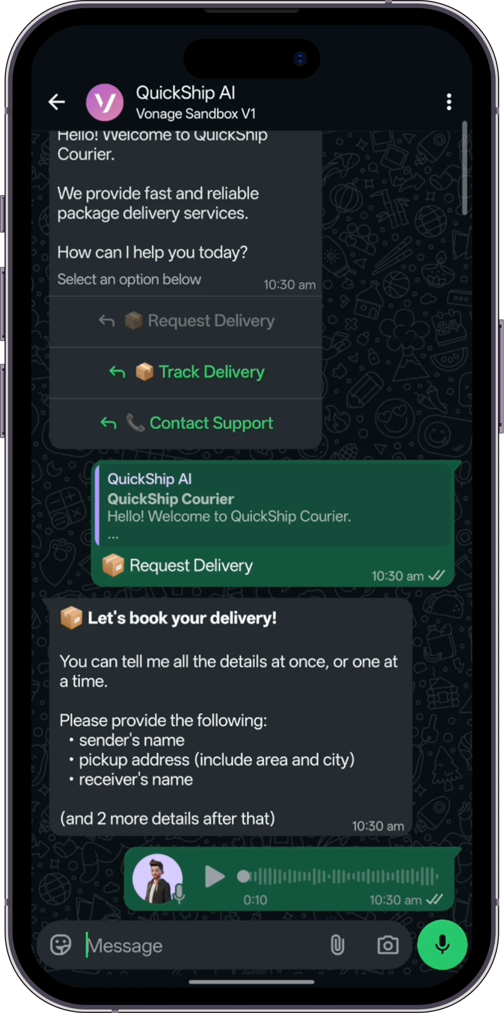 WhatsApp AI agent handling a customer voice message in the thread