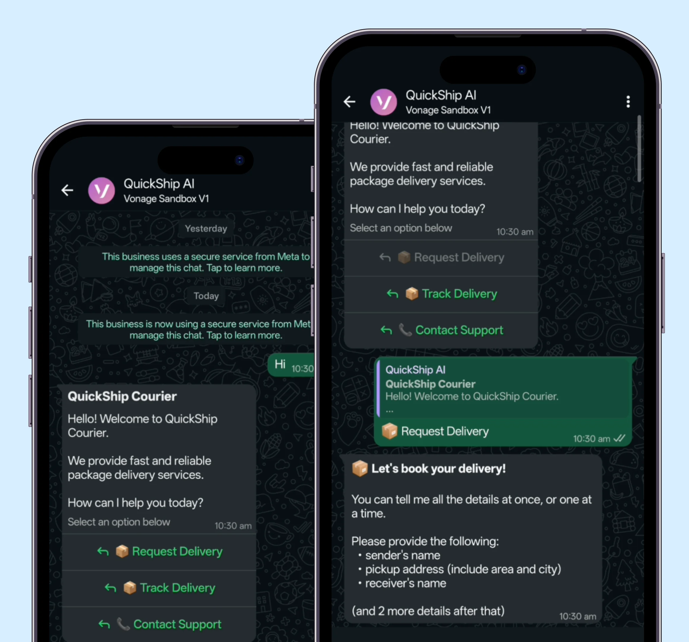 WhatsApp AI agent taking a delivery order across two phones