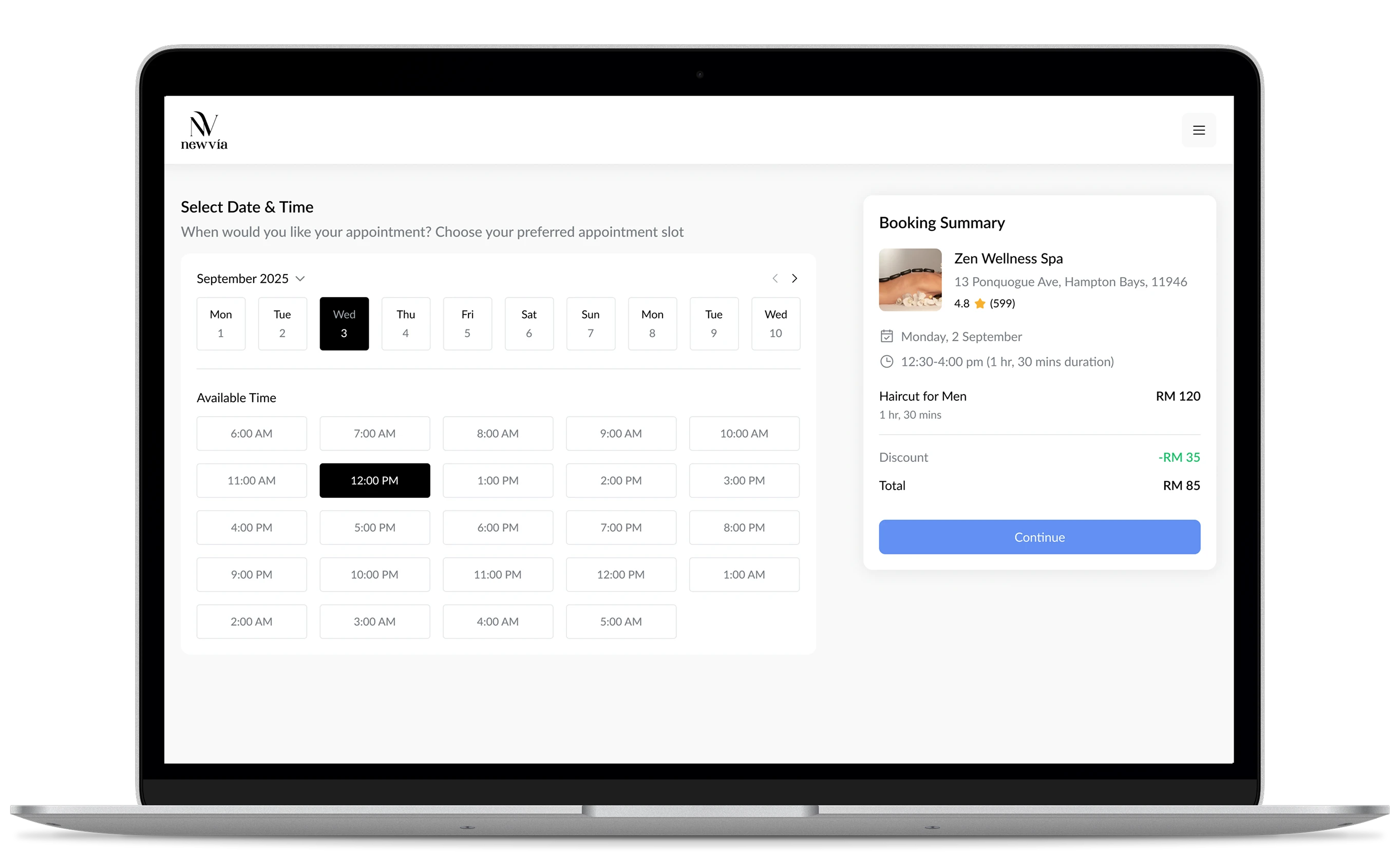 newvía appointment booking — date, time and booking summary