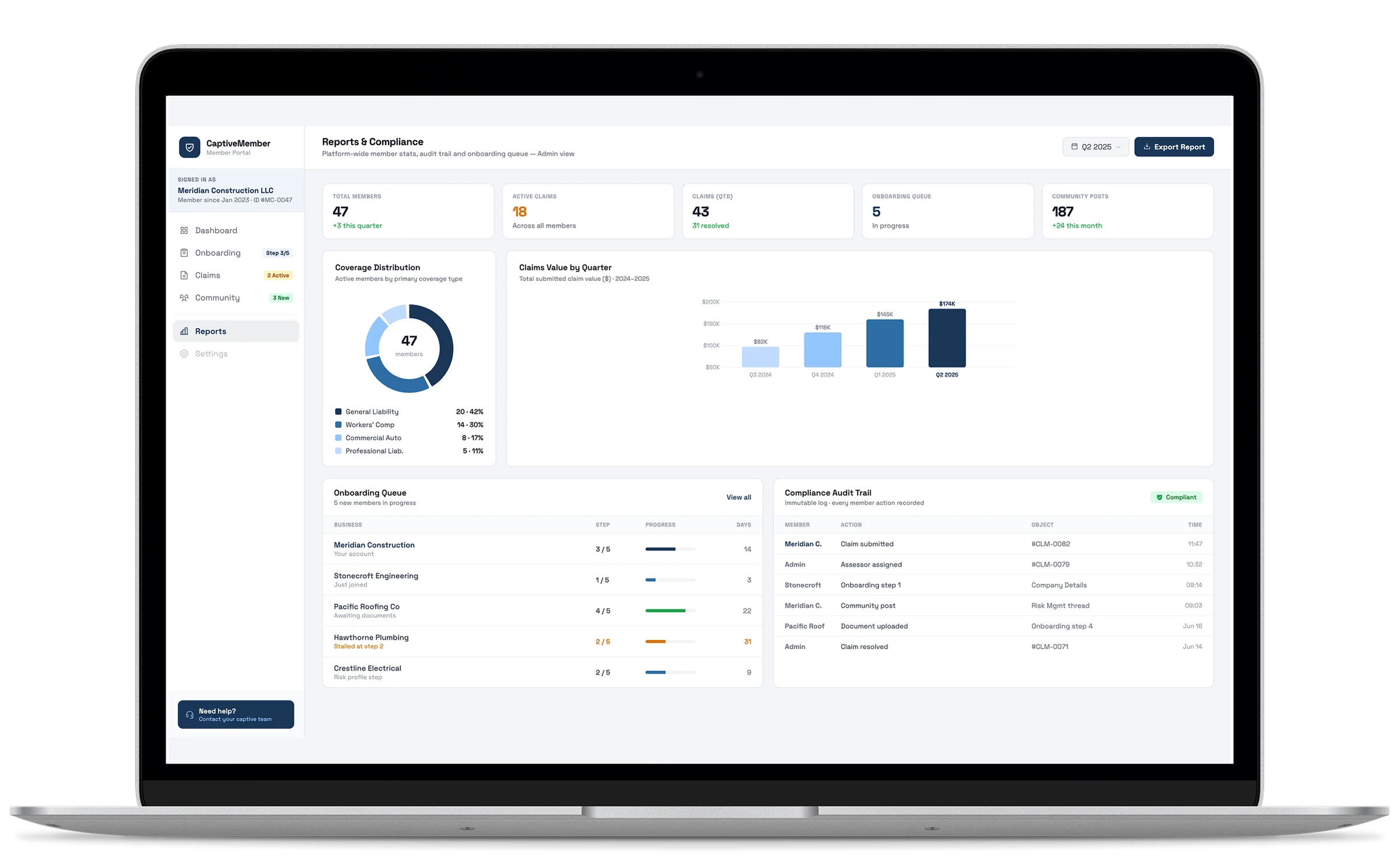 Captive insurance member platform on desktop