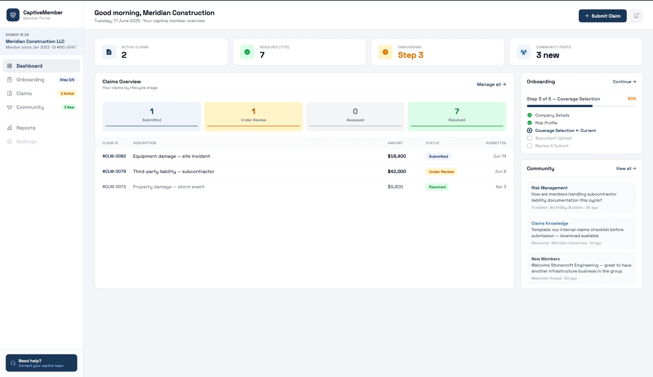 Member dashboard with claims overview, onboarding progress and community feed