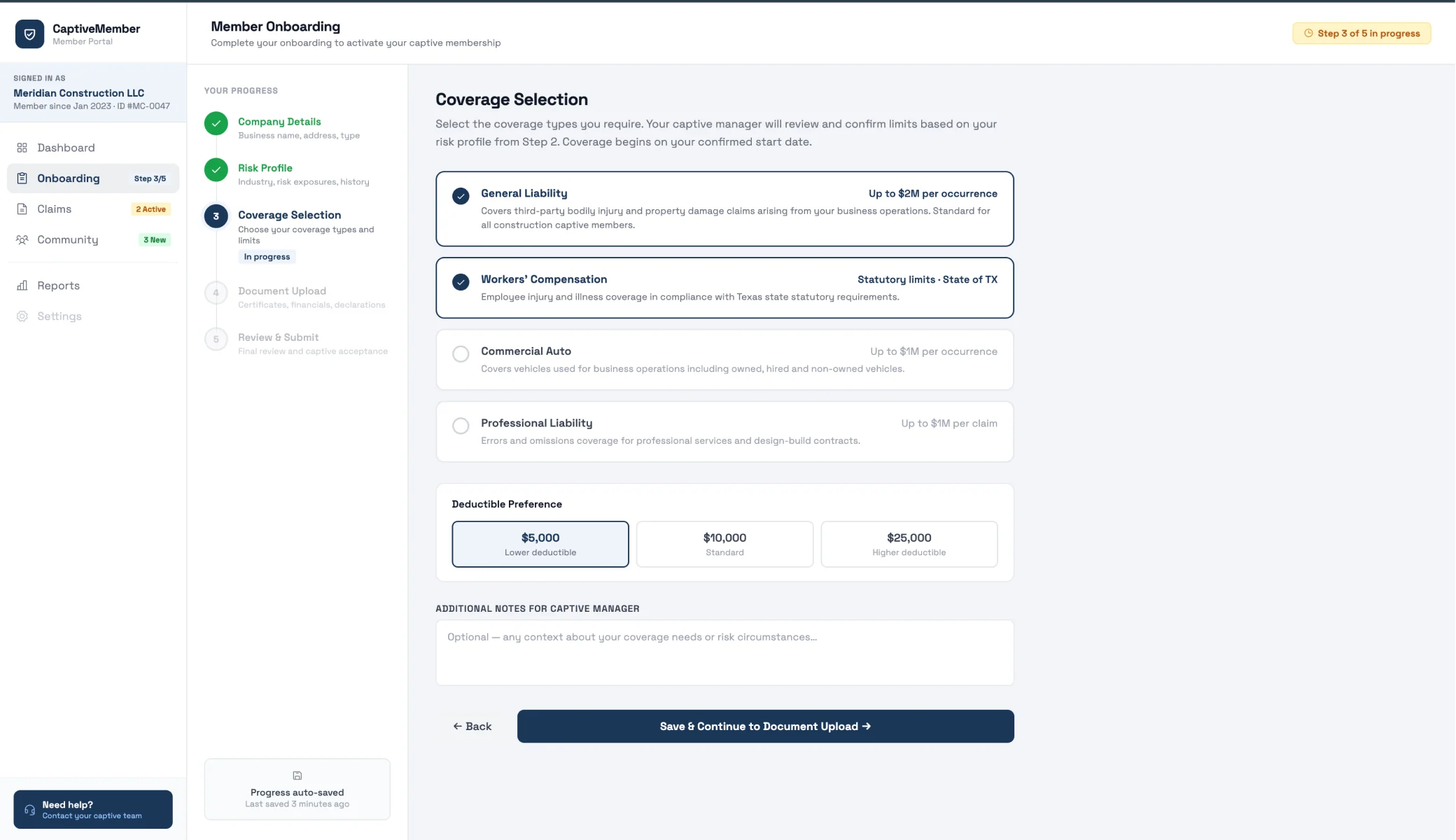 Structured member onboarding flow on the coverage selection step