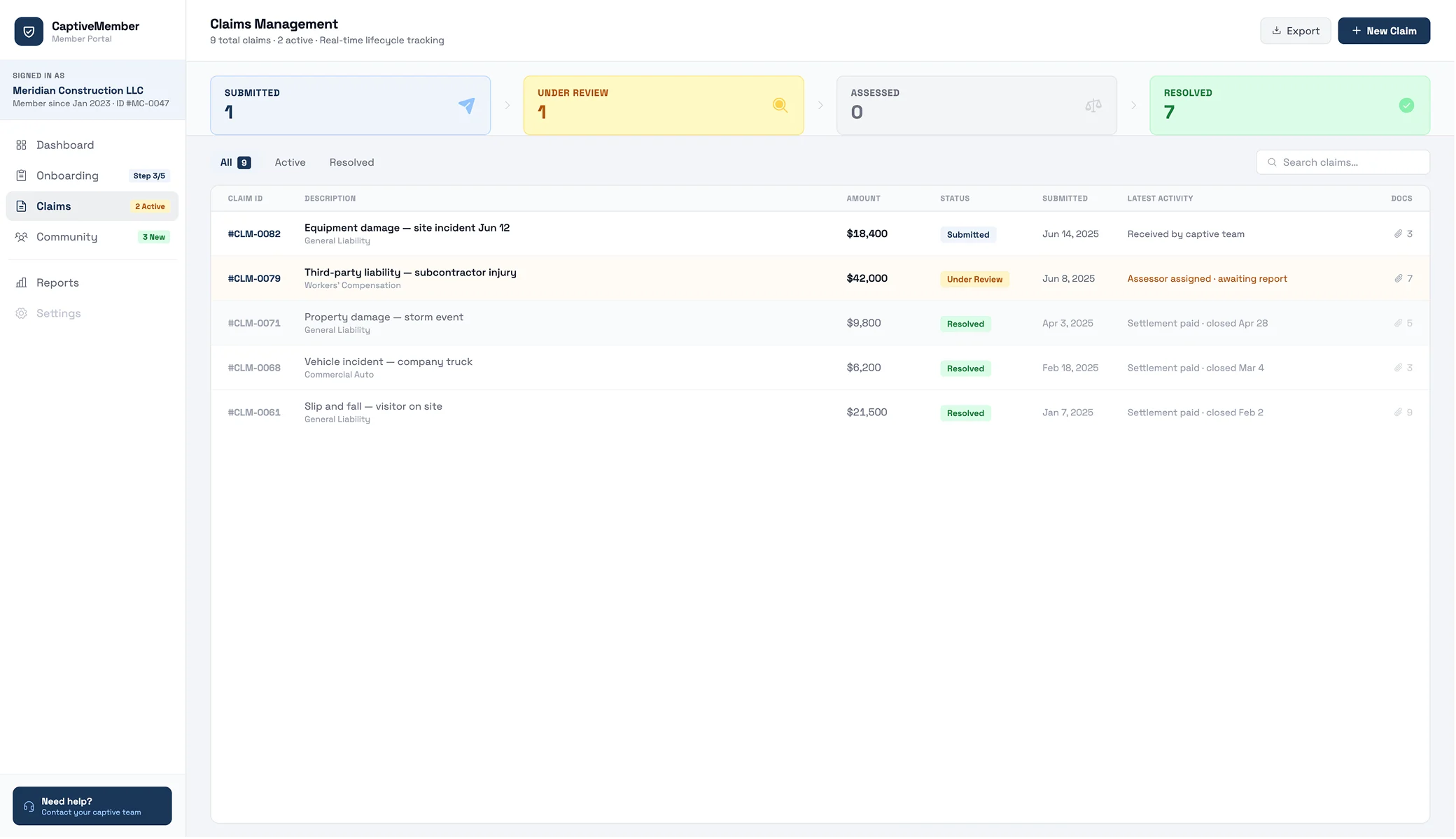 Claims management dashboard with real-time lifecycle tracking