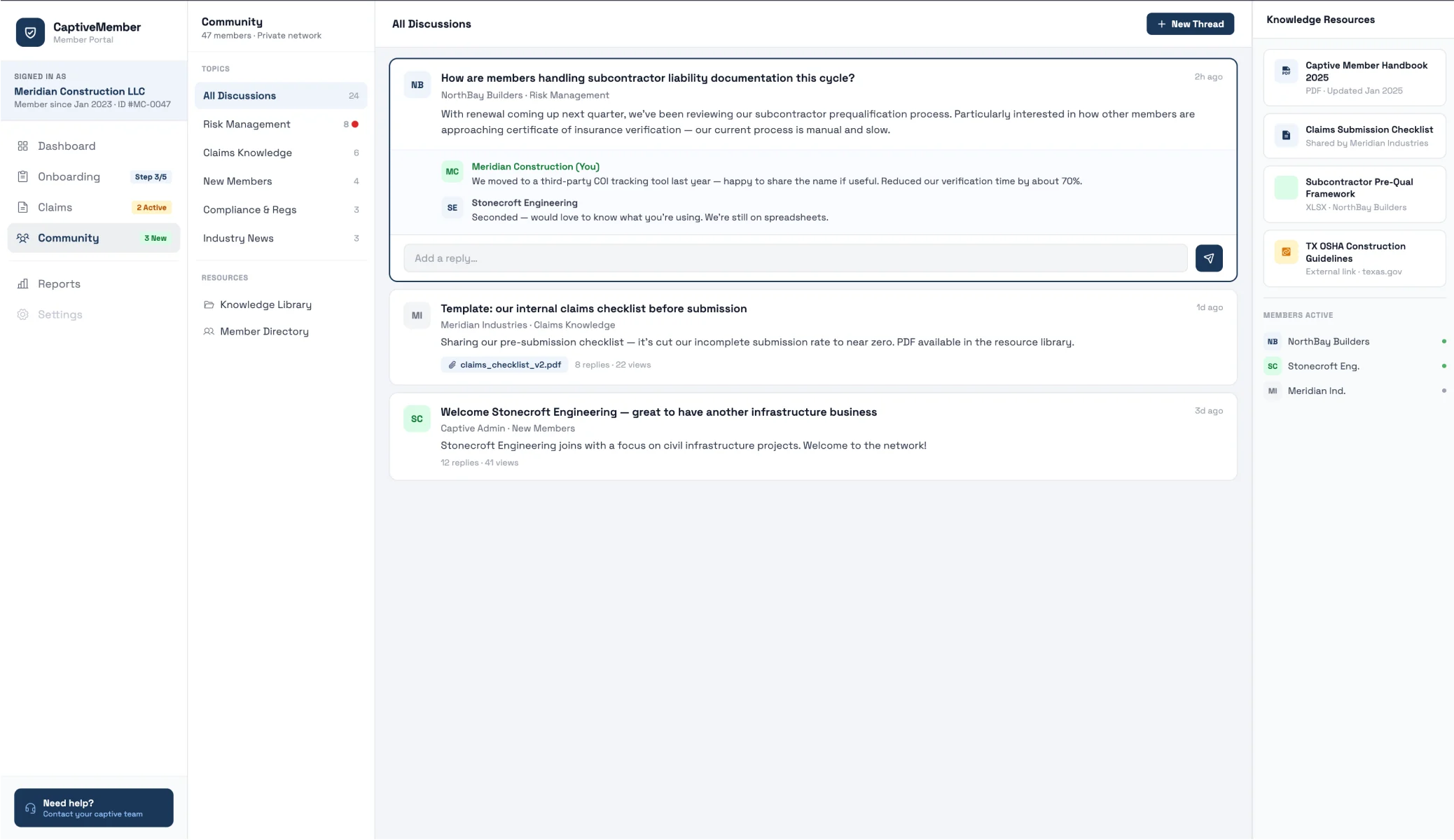 Private community portal with topic-based discussions and knowledge resources