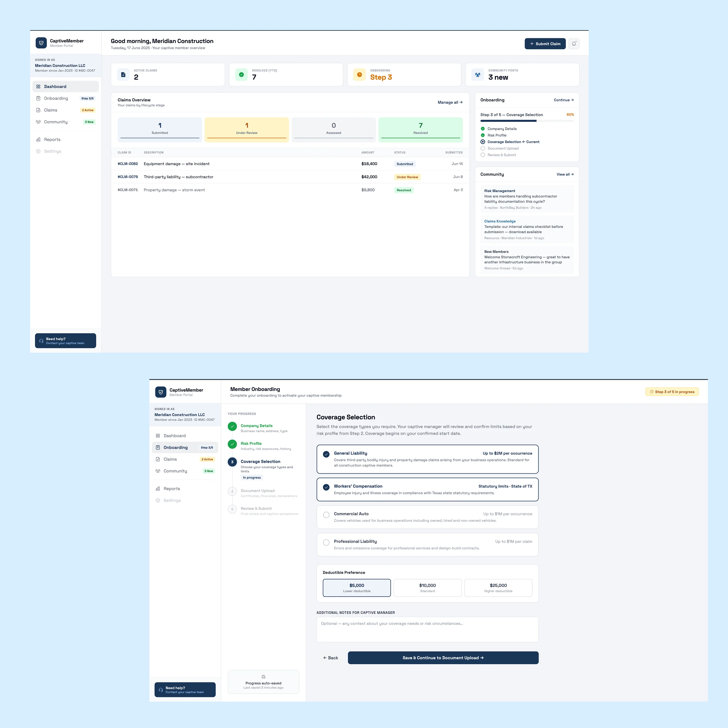 Captive insurance member platform dashboard and onboarding flow