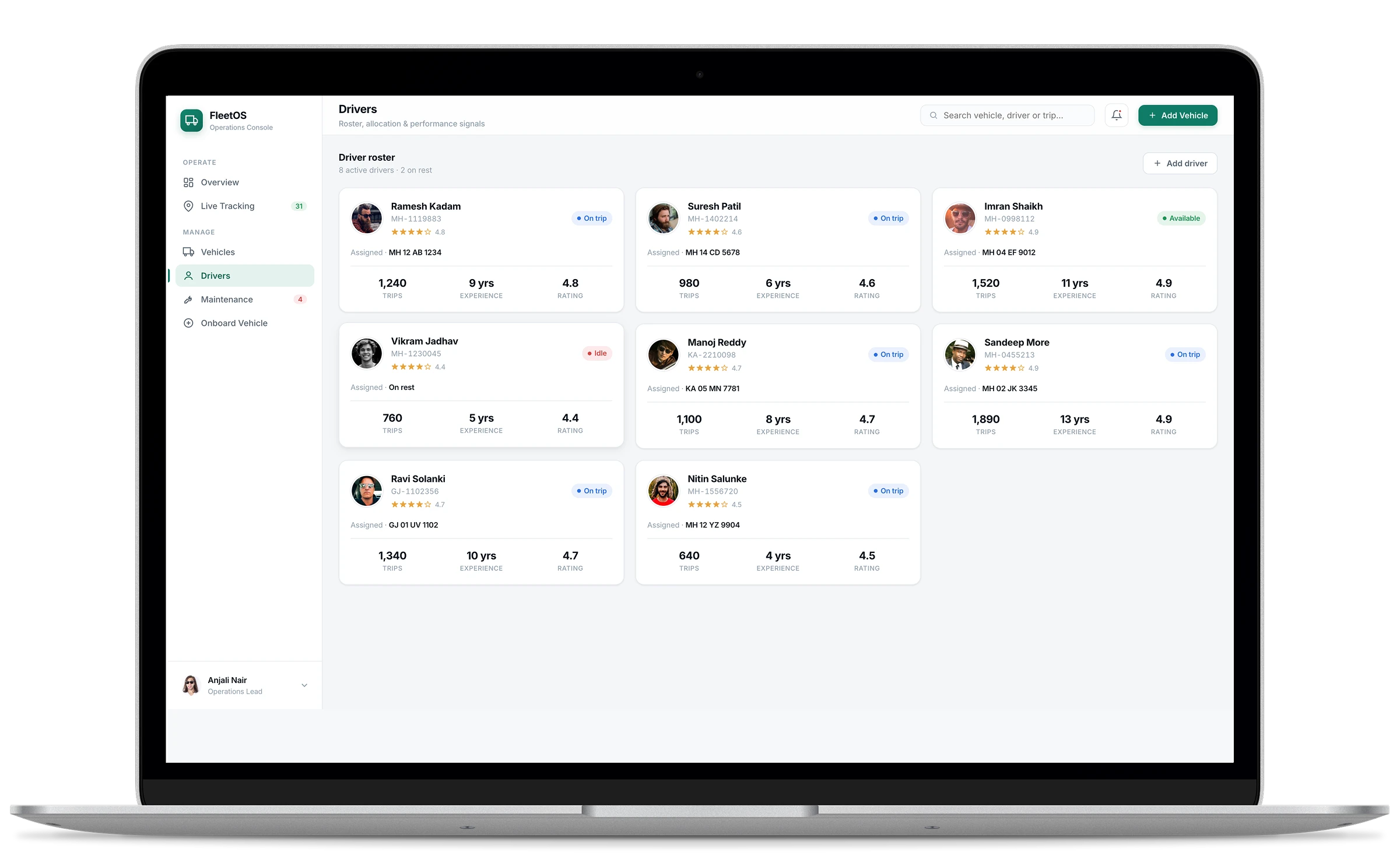FleetOS operations console — driver roster with allocation and performance signals