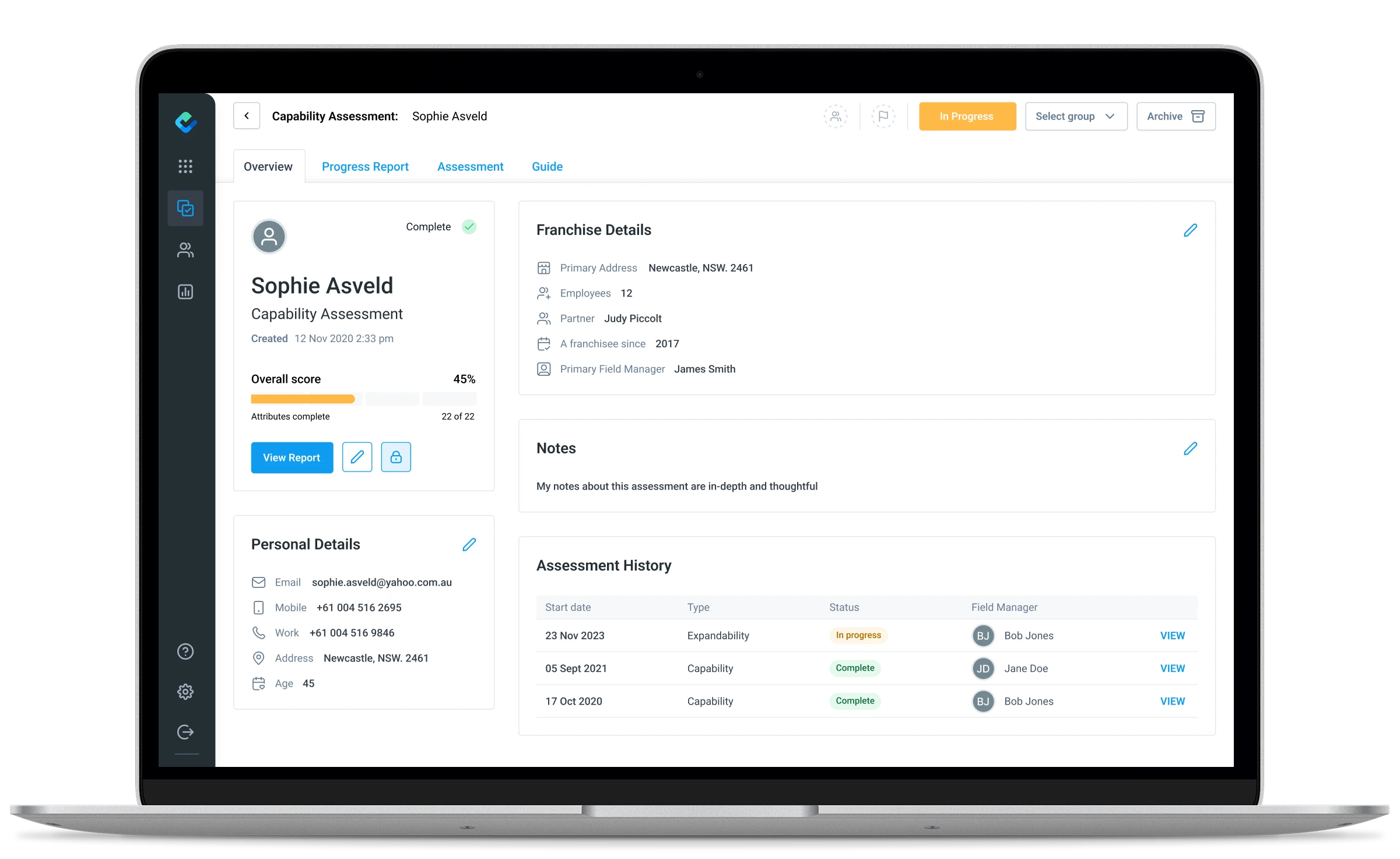FranchiseLab capability assessment — franchisee overview and assessment history