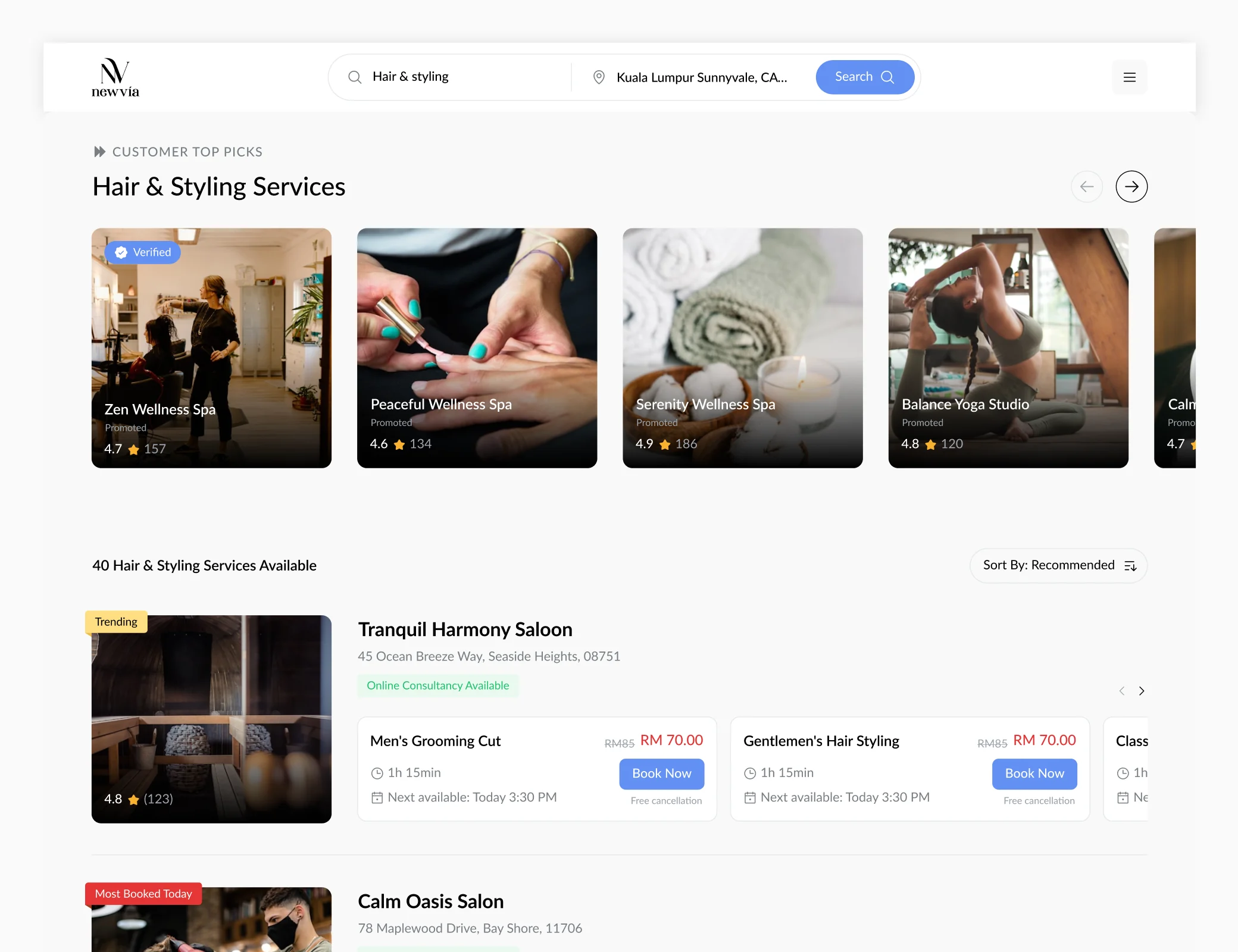 Customer discovery page with location and category filters