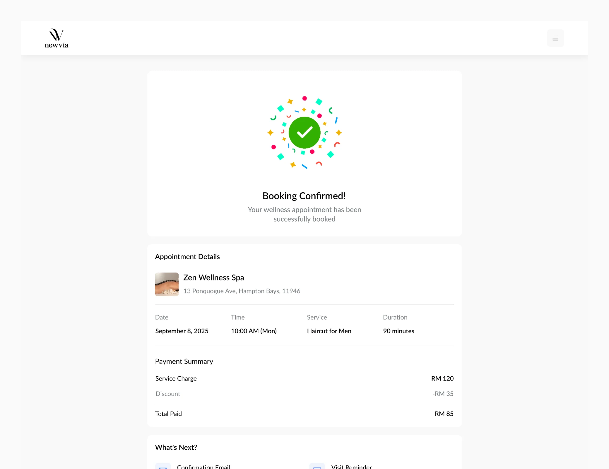 Booking confirmation with appointment and payment summary