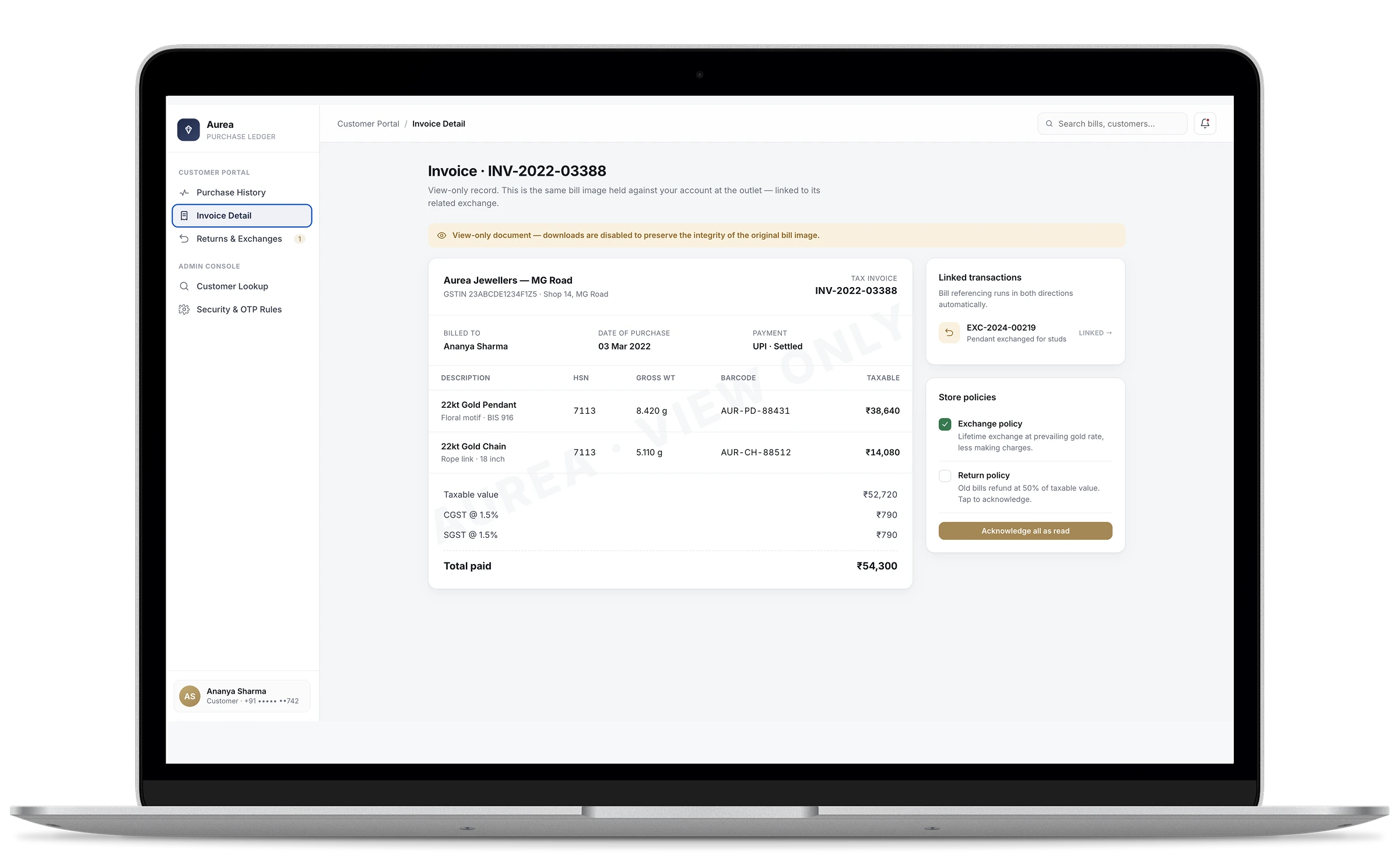 Aurea customer portal — view-only invoice detail with linked exchange