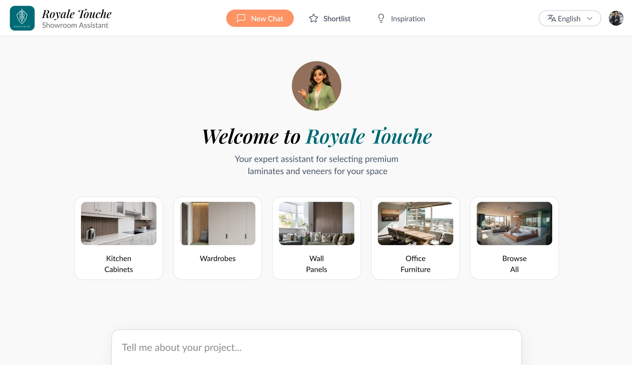 Showroom visualisation assistant welcome screen with product categories