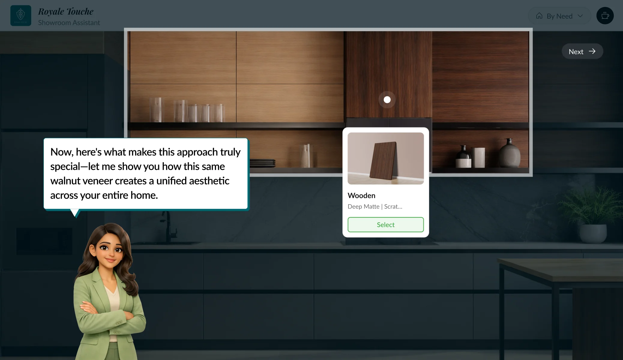 AI-rendered kitchen showing a selected wooden veneer in context