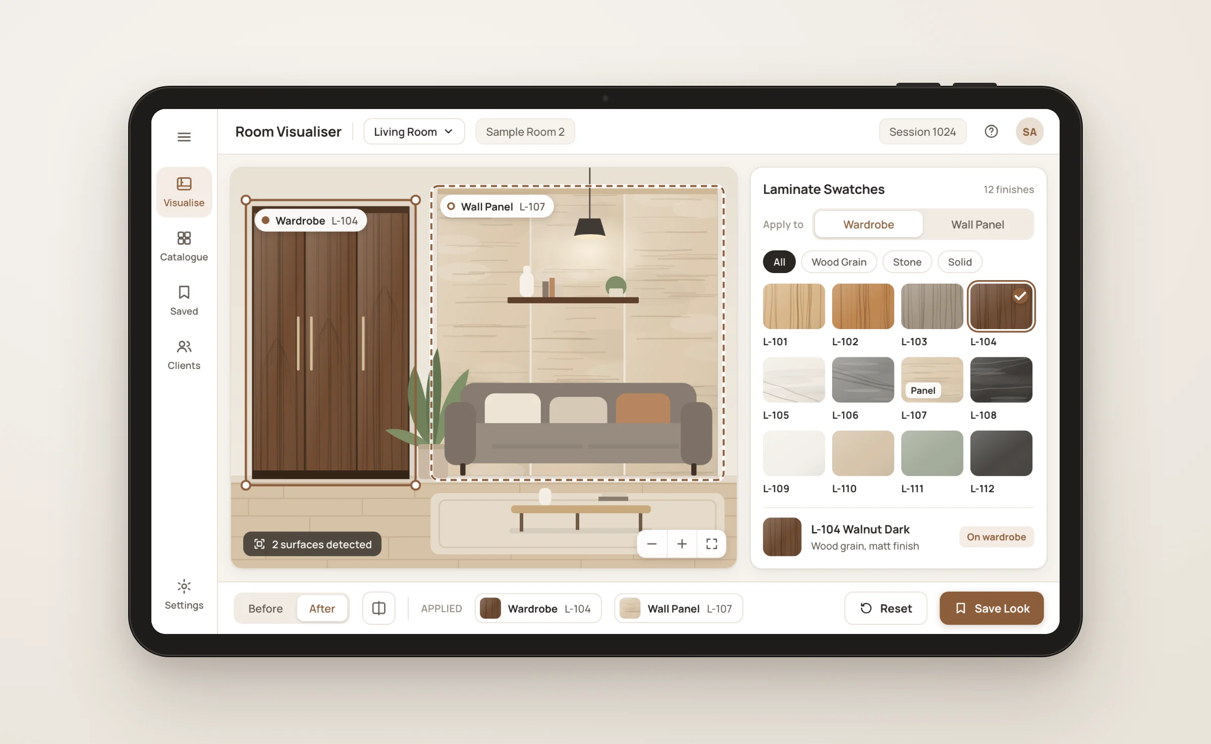 Sample laminate visualiser on a showroom tablet
