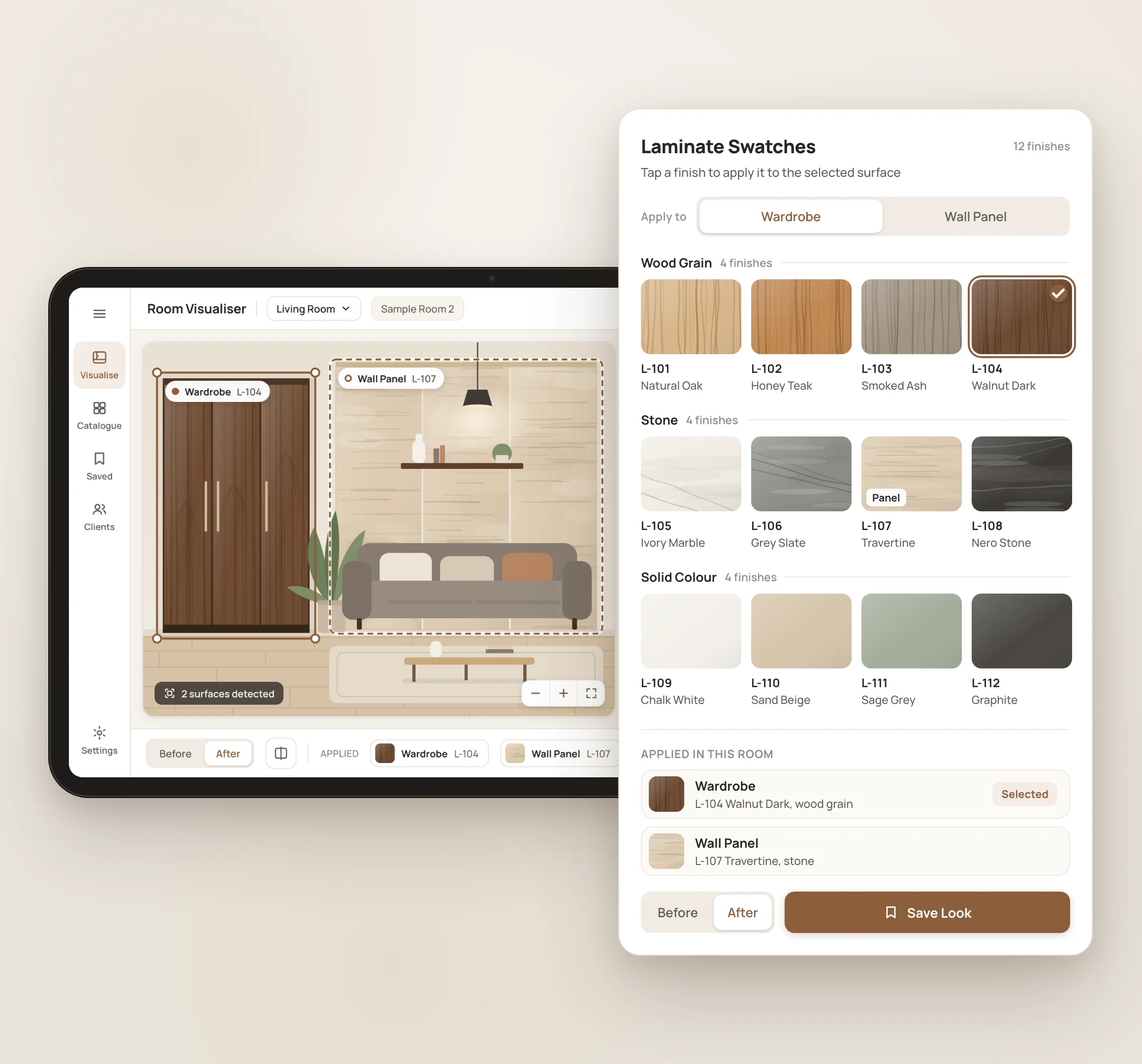 Sample showroom tablet visualiser for laminate finishes, with a living room view and an enlarged swatch picker panel