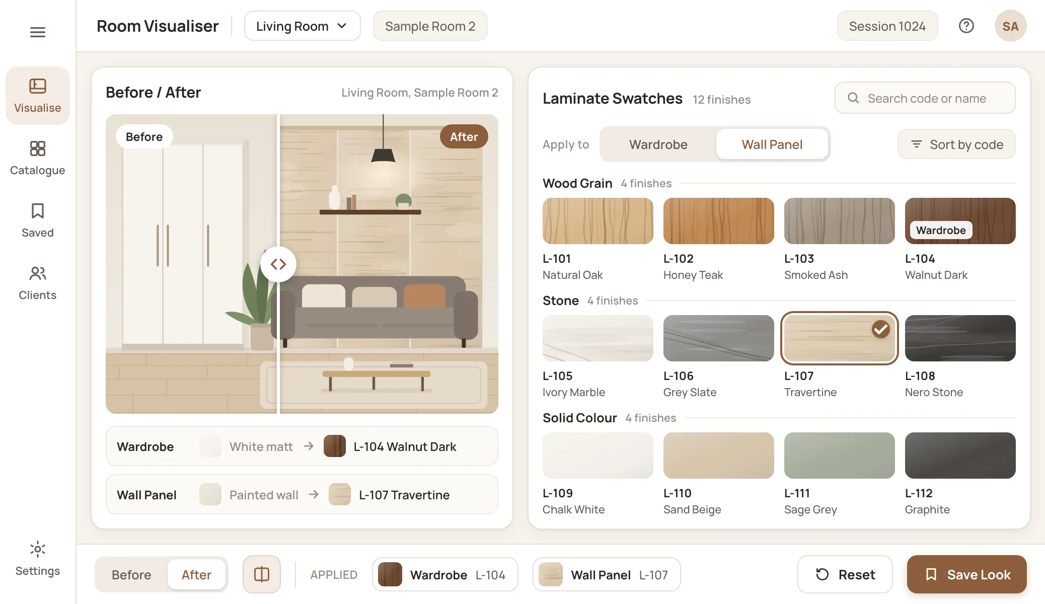 Sample Before and After room comparison beside a swatch picker with wood grain, stone and solid colour laminate samples and a Save Look button