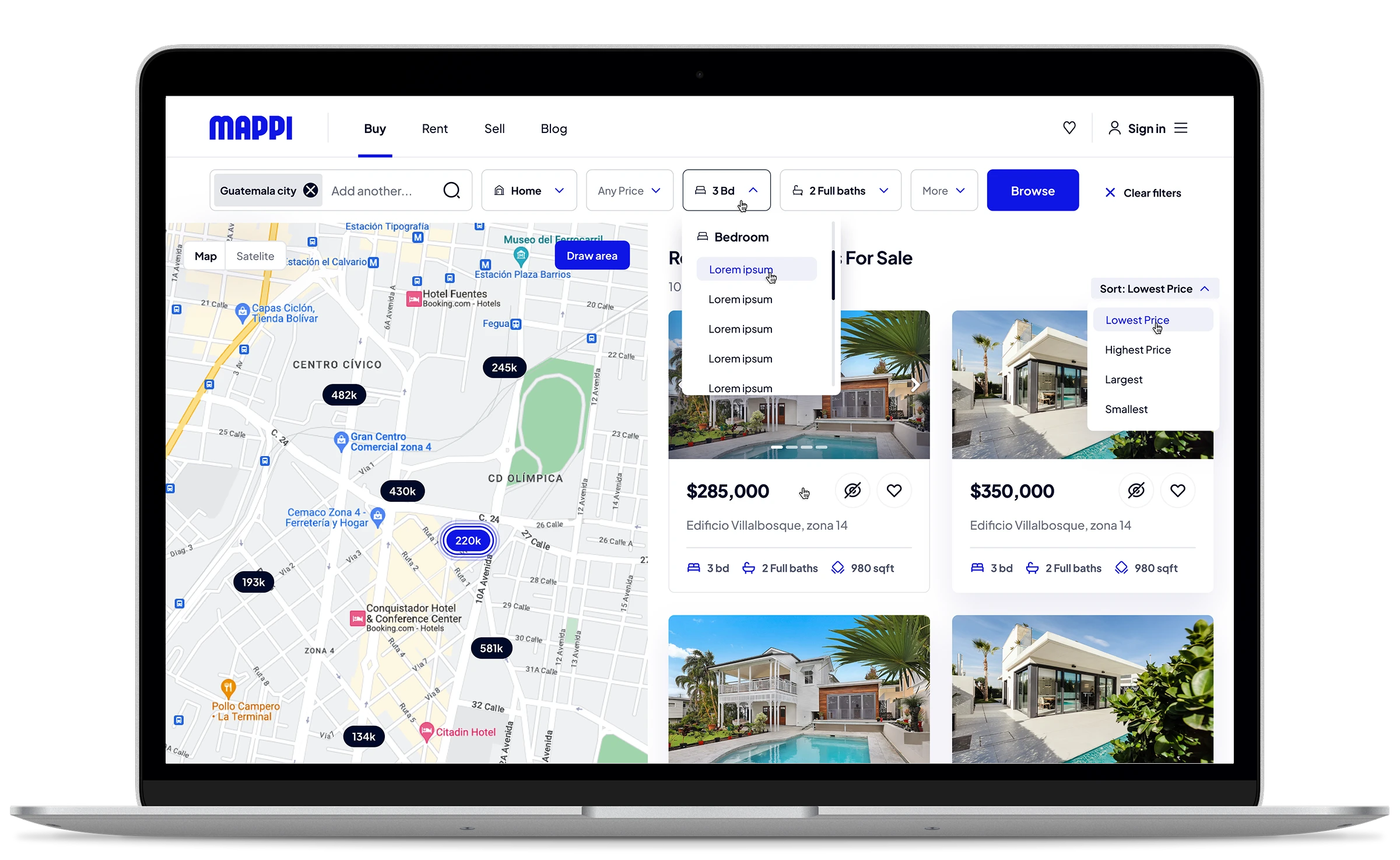 MAPPI property search — map view with listings, filters and sort