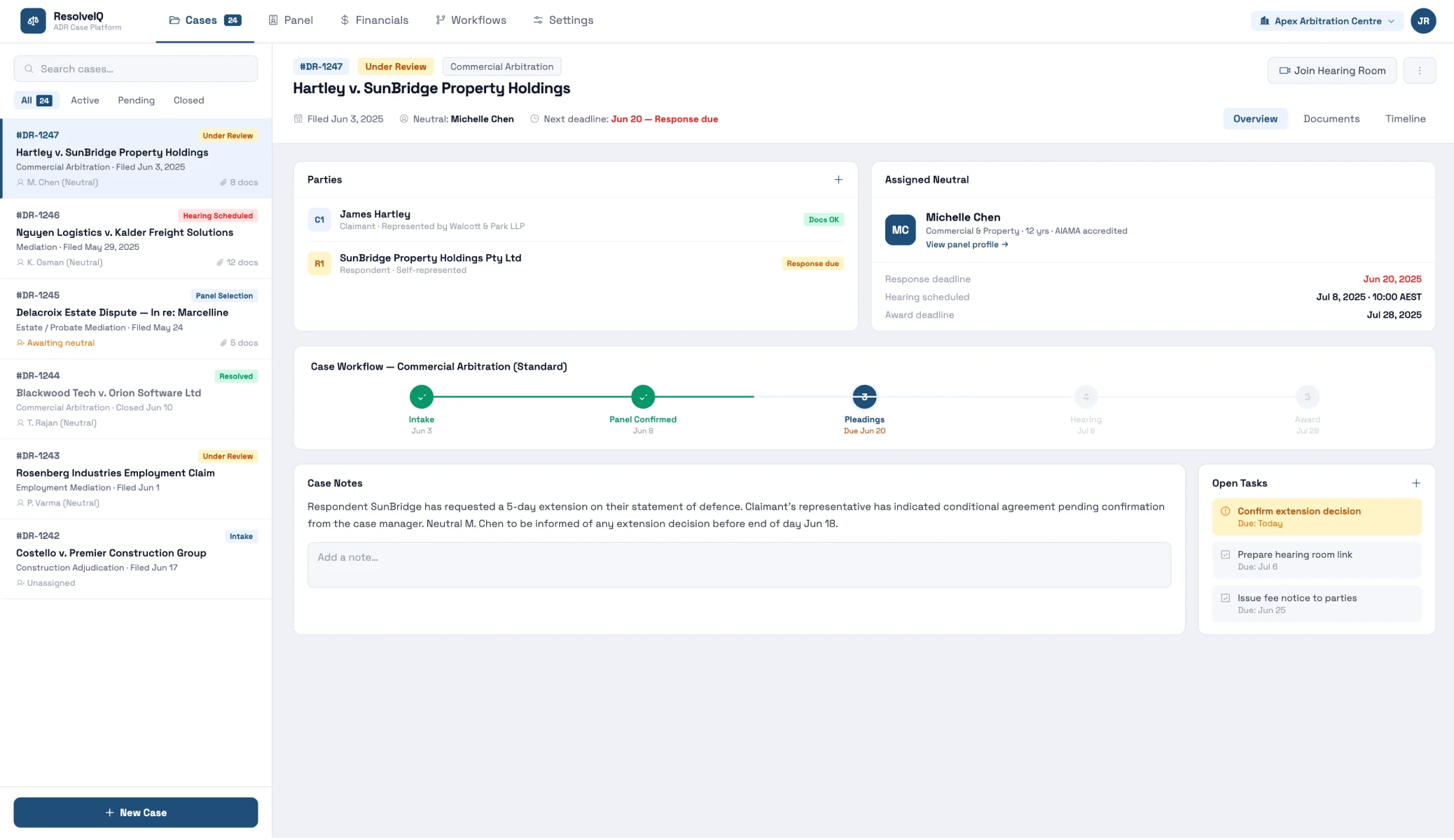Case management dashboard with parties, assigned neutral, workflow and tasks