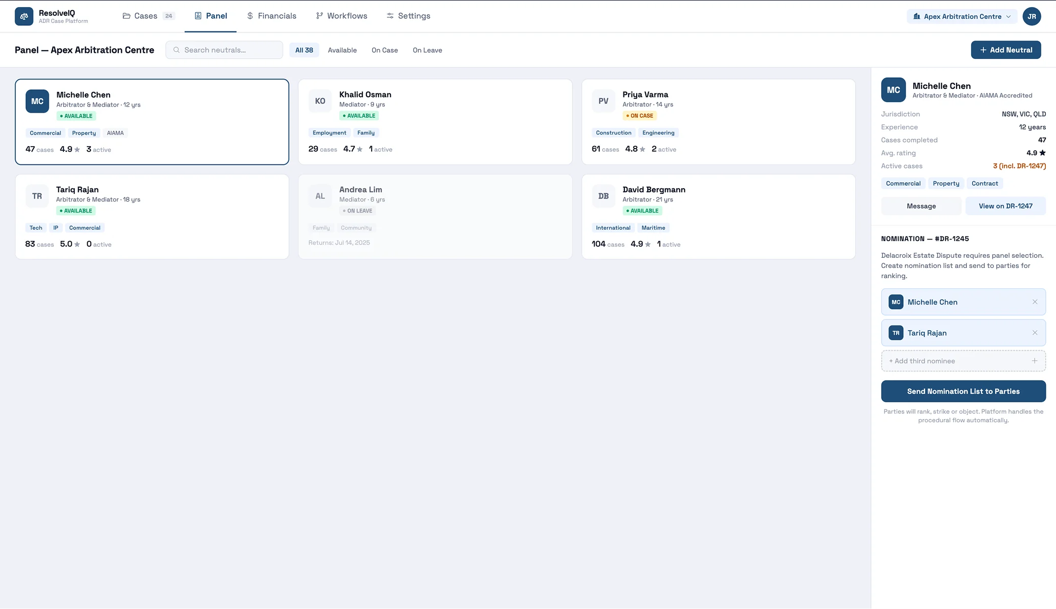 Panel management view with neutrals and the nomination workflow