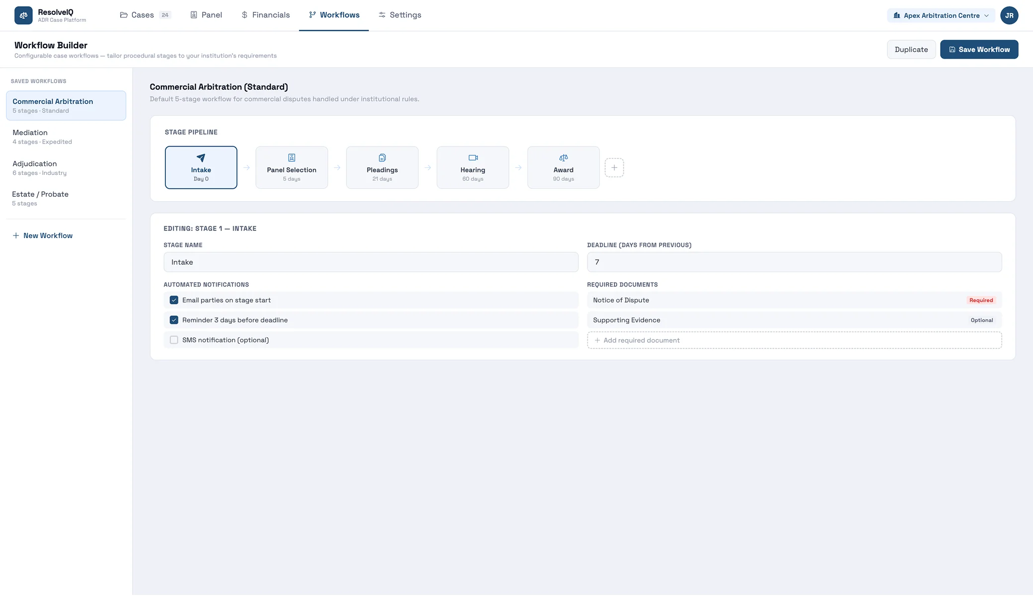 Configurable workflow builder with procedural stage pipeline