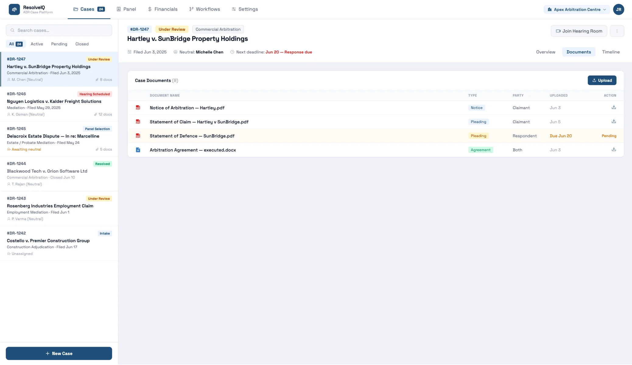Case document management with party and type filtering