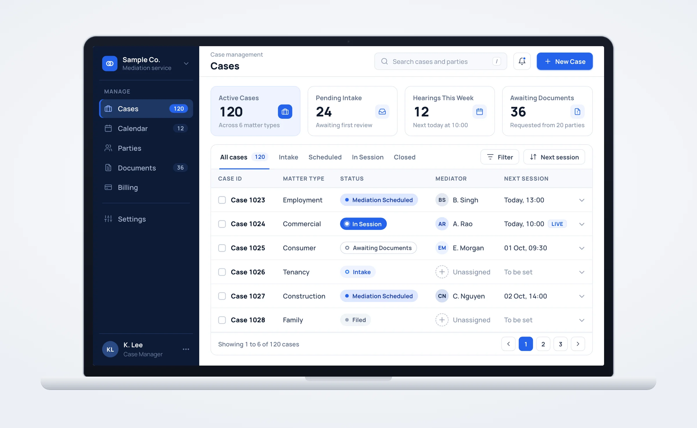 Sample case management dashboard for online dispute resolution
