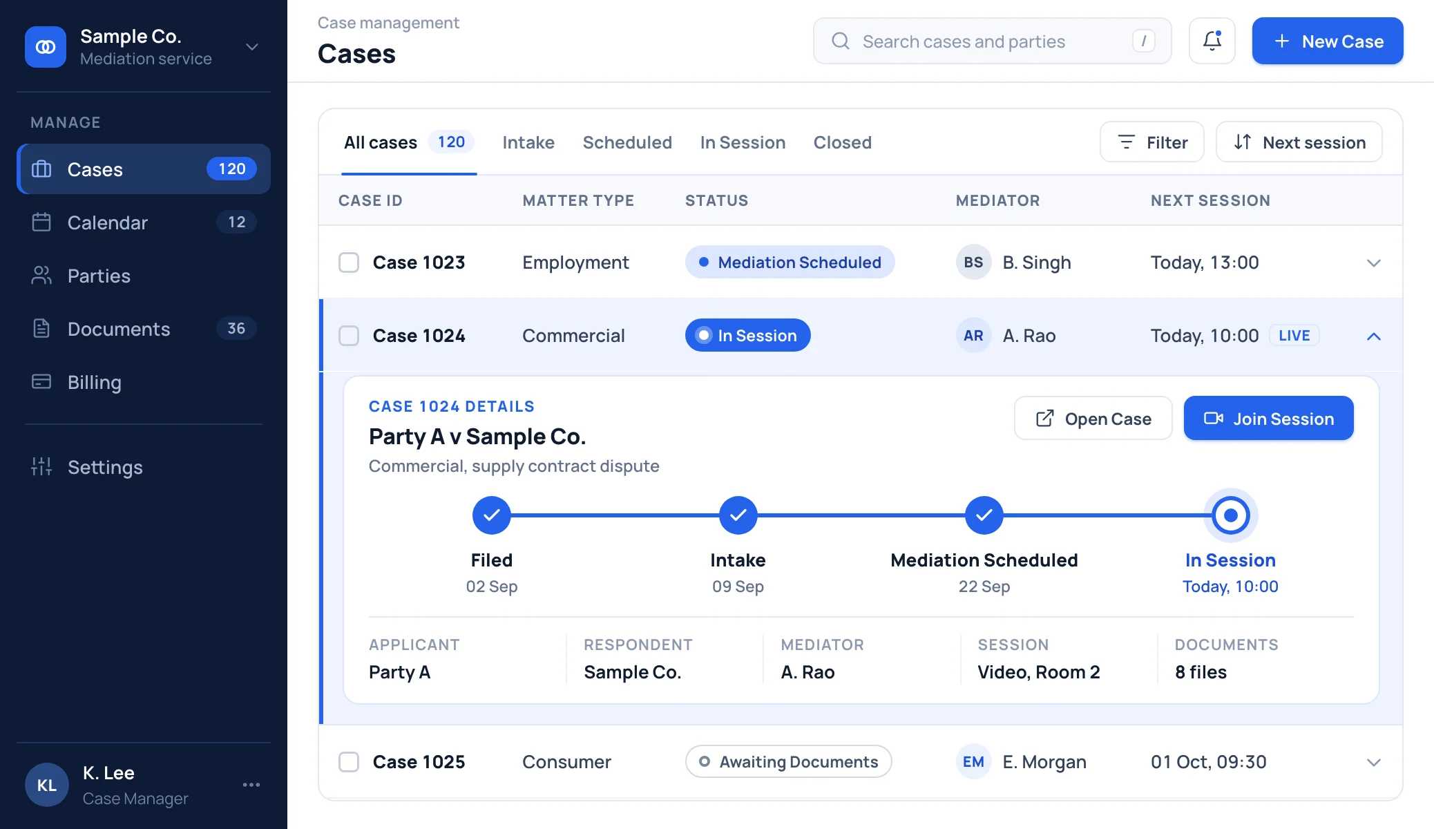 Sample case table with one case expanded to show its timeline from Filed through Intake and Mediation Scheduled to In Session
